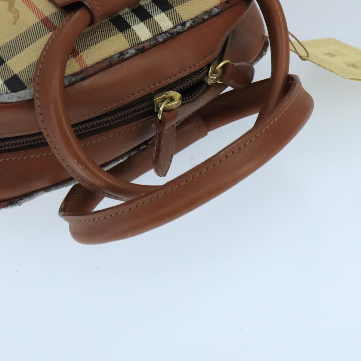 Burberrys Nova Check Hand Bag PVC Leather Beige Brown Gold Auth bs20136