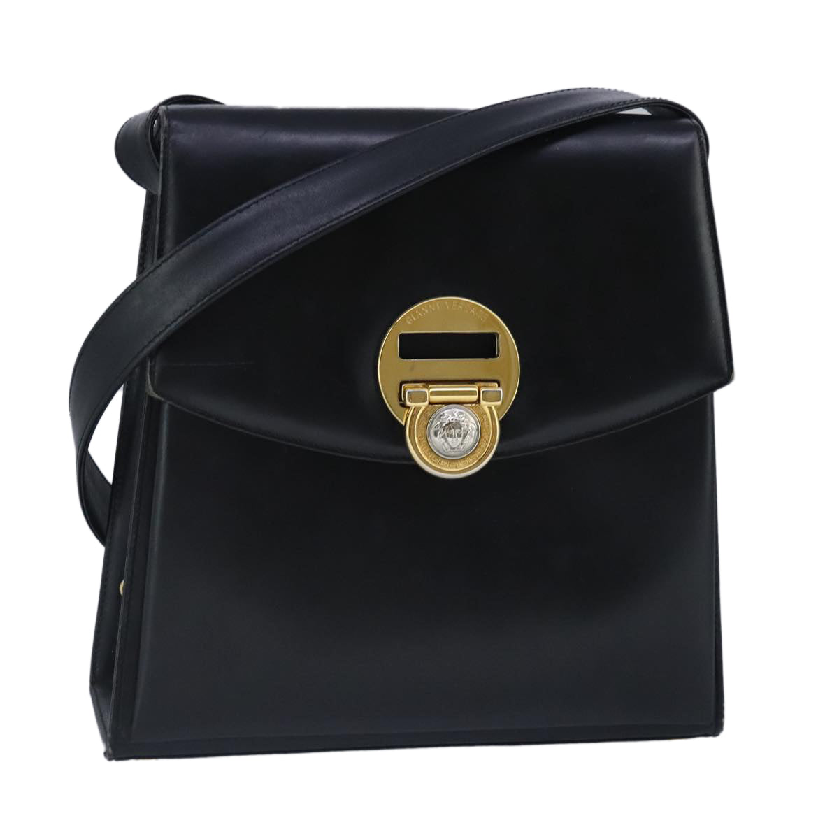 Gianni Versace Shoulder Bag Leather Black Gold Auth bs20156