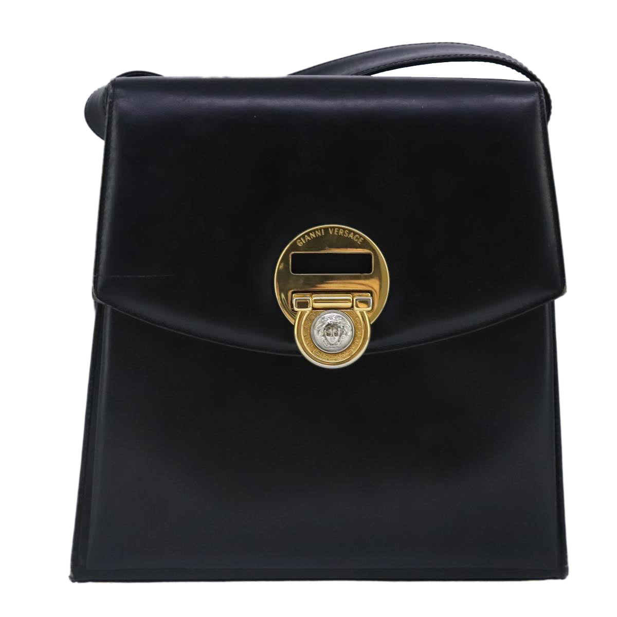 Gianni Versace Shoulder Bag Leather Black Gold Auth bs20156