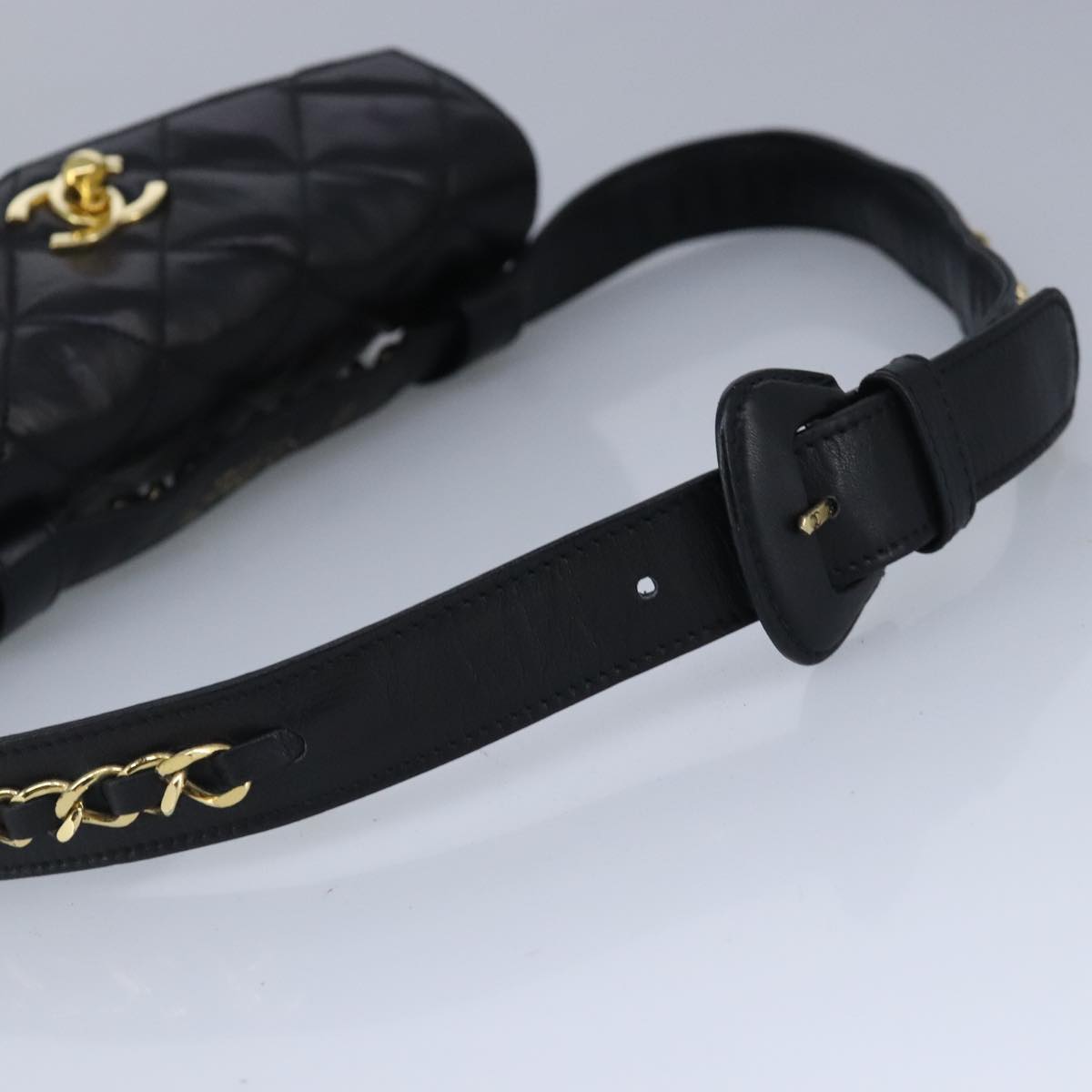 CHANEL Matelasse Chain Waist bag Lamb Skin Black Gold CC Auth bs20175