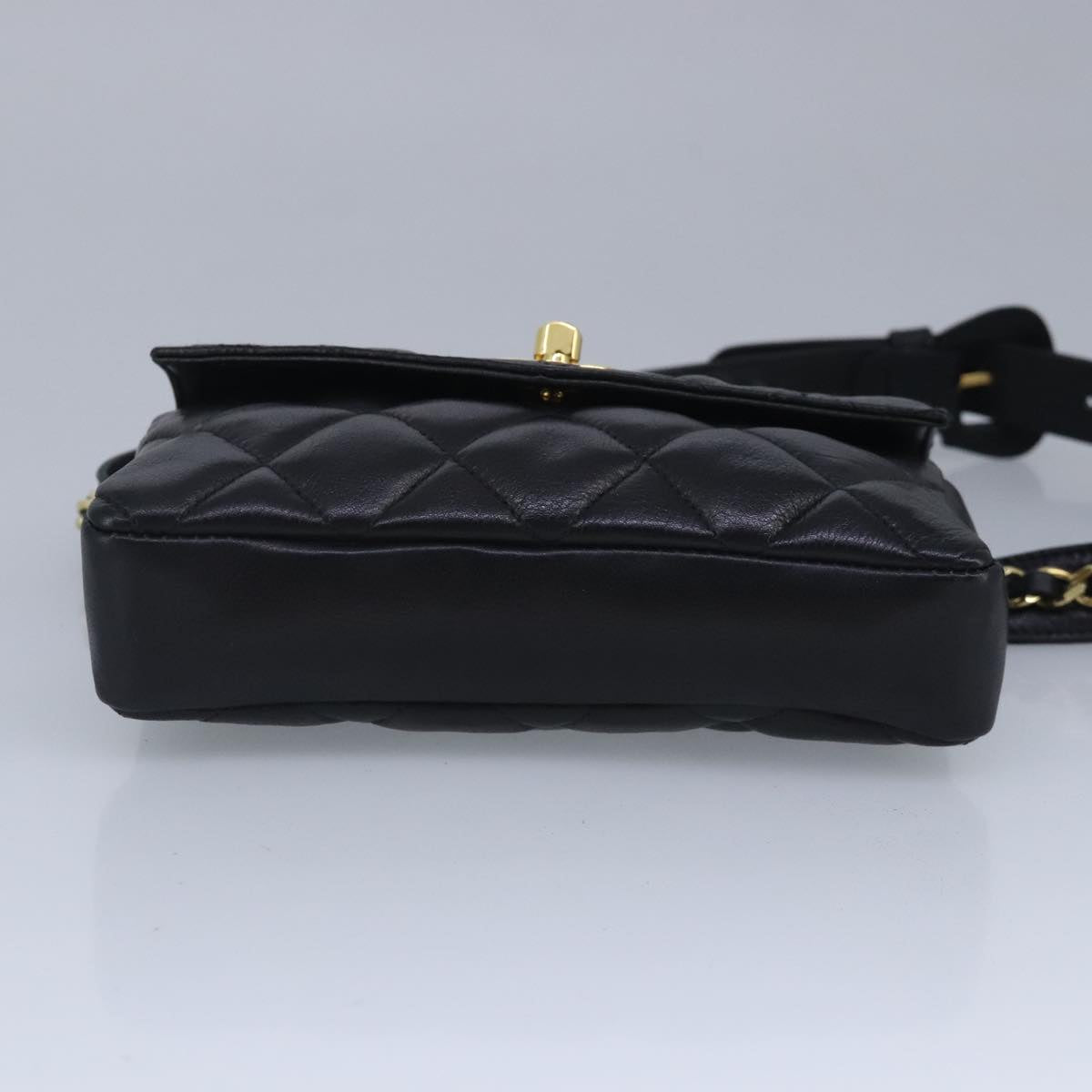 CHANEL Matelasse Chain Waist bag Lamb Skin Black Gold CC Auth bs20175