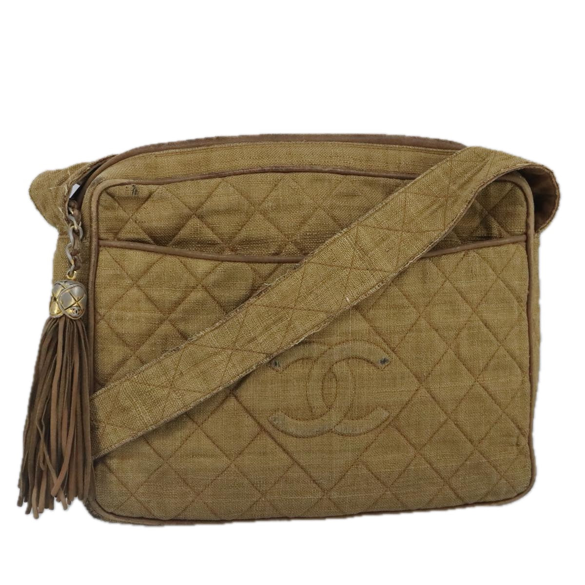 CHANEL Matelasse Shoulder Bag Canvas Beige CC Auth bs20198