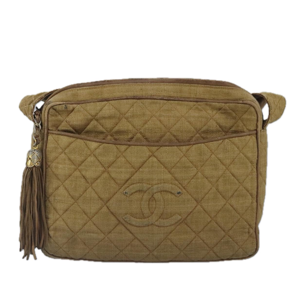 CHANEL Matelasse Shoulder Bag Canvas Beige CC Auth bs20198