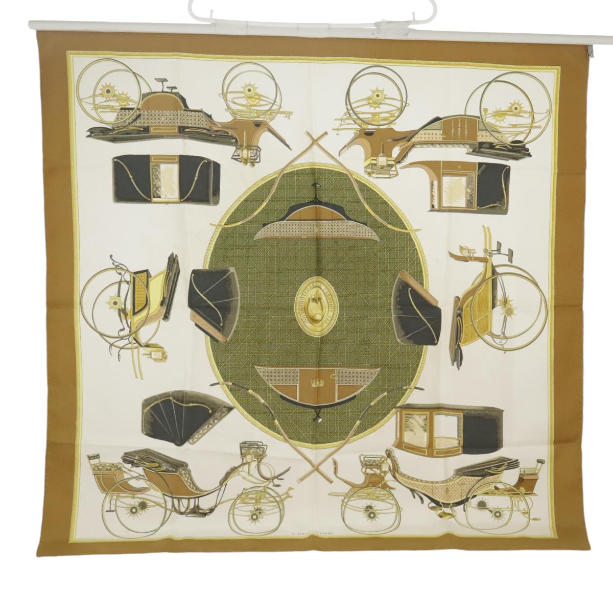 HERMES Carre 90 Scarf ""LES VOITURESA TRANSFORMATION"" Silk Brown Auth bs20212