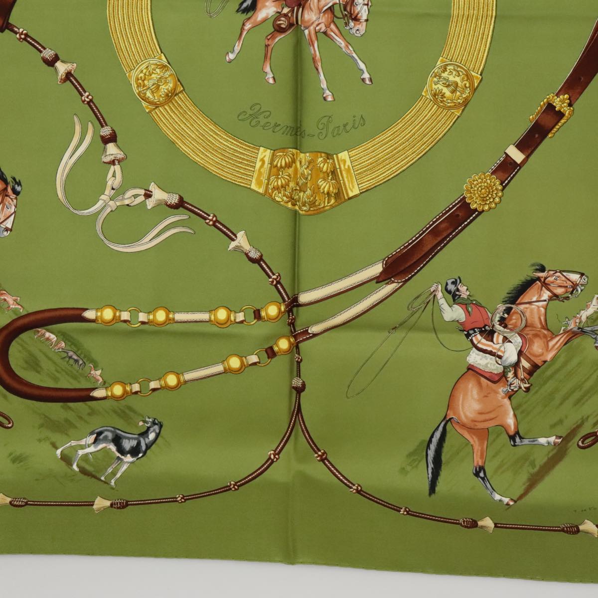 HERMES Carre 90 Scarf ""Pampa"" Silk Green Brown Auth bs20213