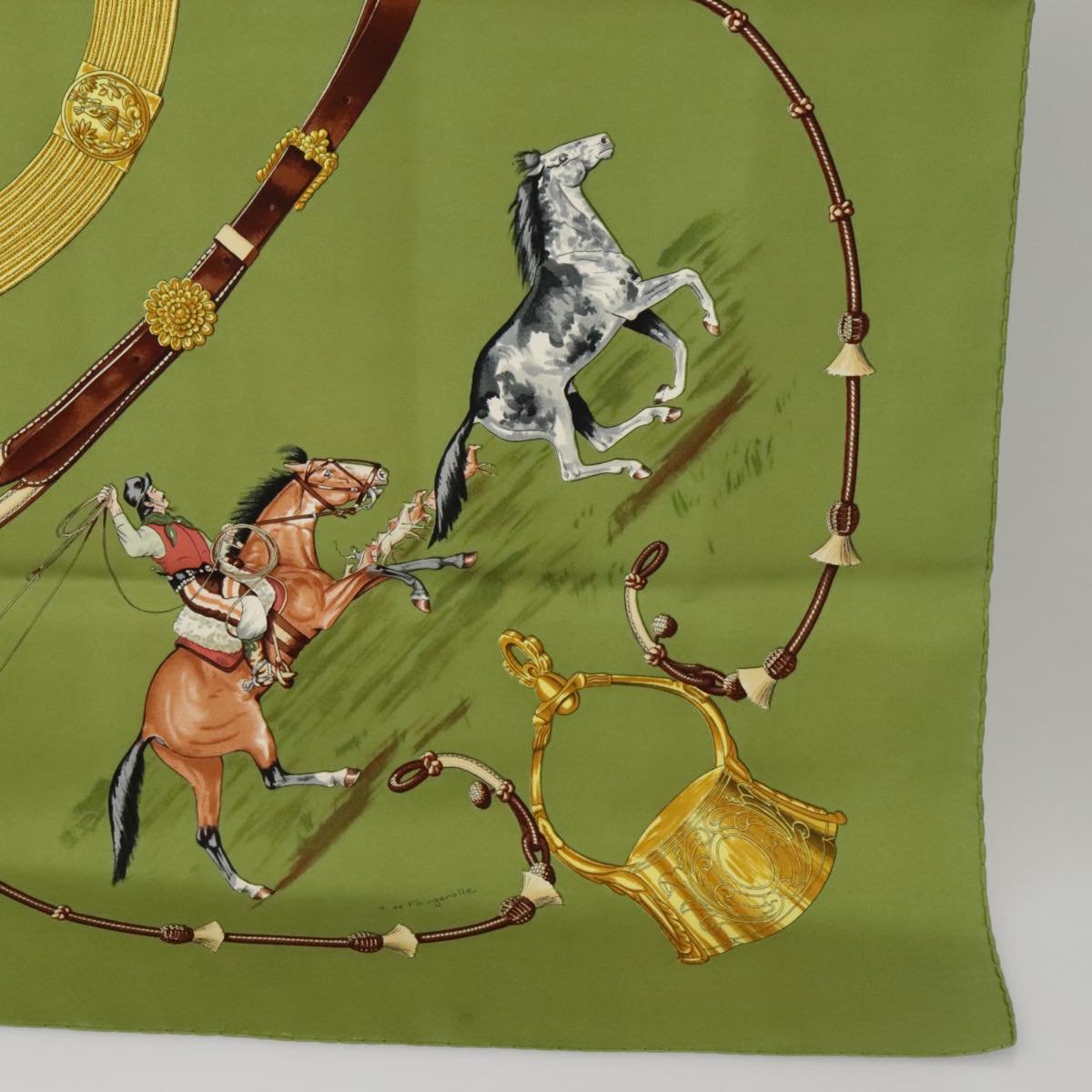 HERMES Carre 90 Scarf ""Pampa"" Silk Green Brown Auth bs20213