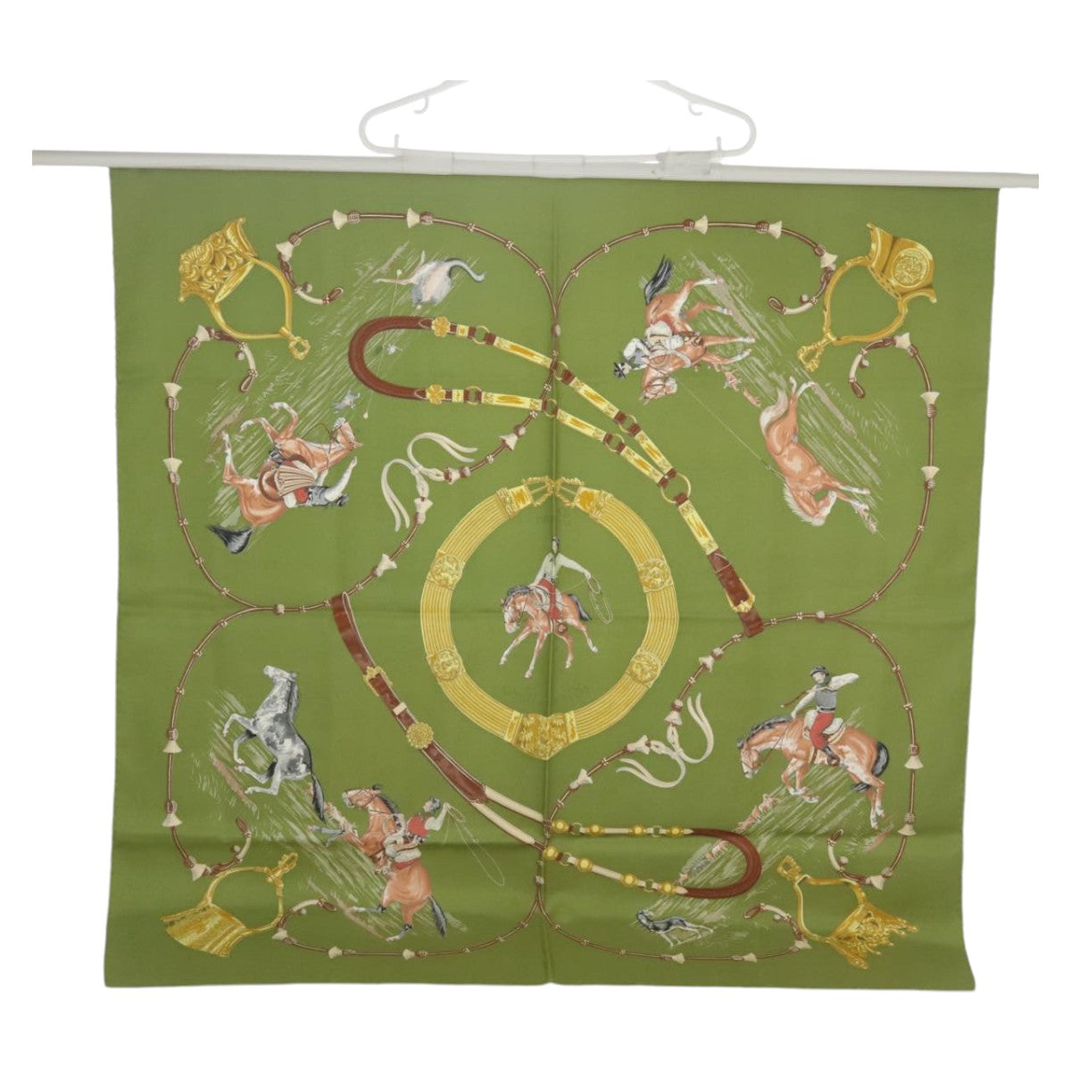 HERMES Carre 90 Scarf ""Pampa"" Silk Green Brown Auth bs20213