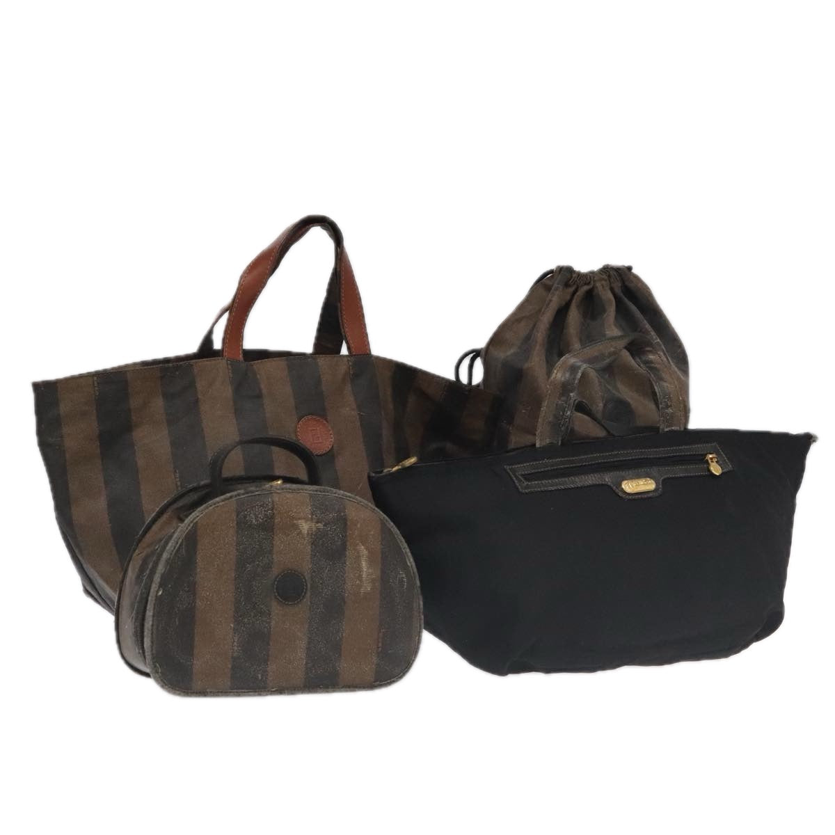 FENDI Pecan Canvas Hand Bag 4Set Black Brown Auth bs20220