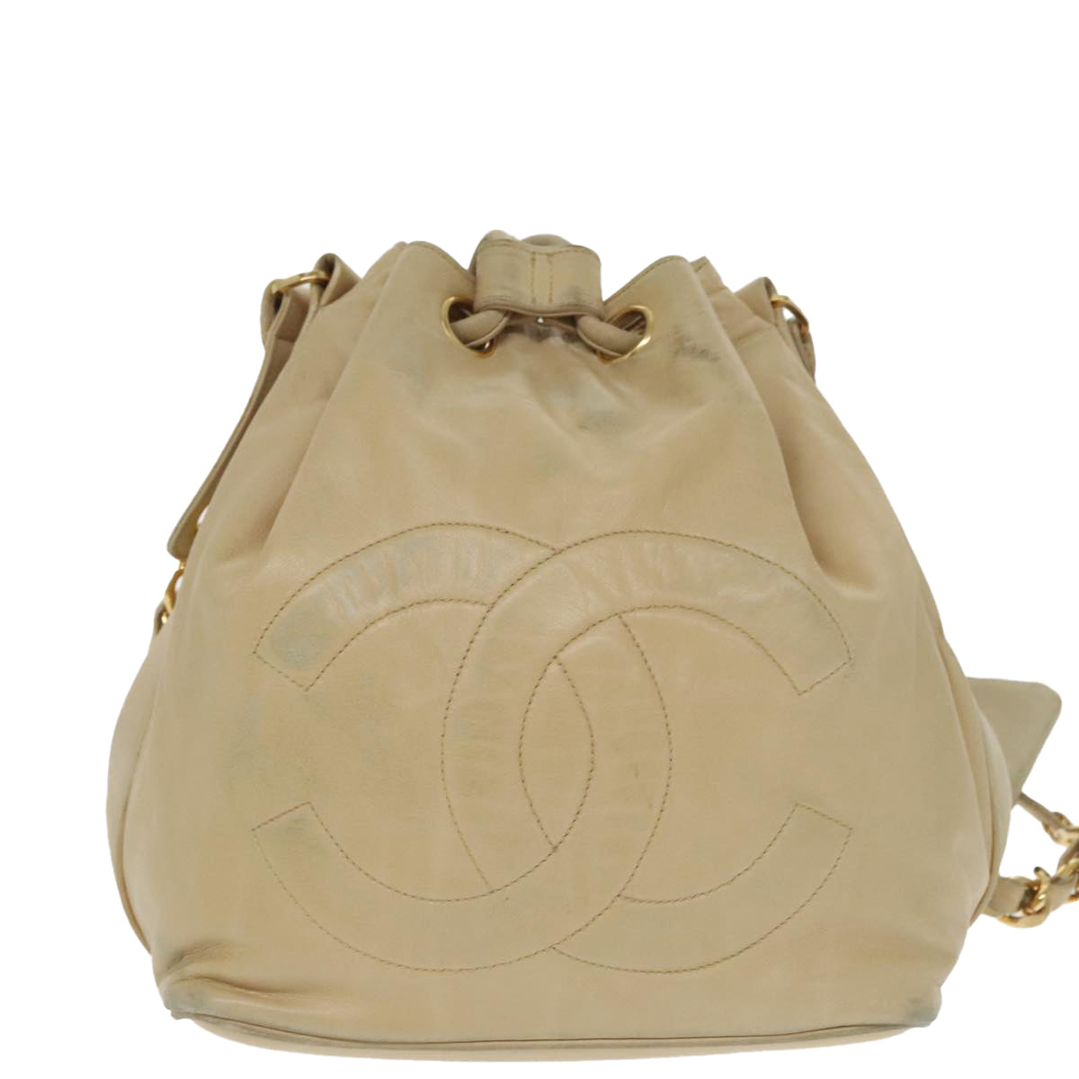 CHANEL Chain Shoulder Bag Lamb Skin Beige Gold CC Auth bs20240