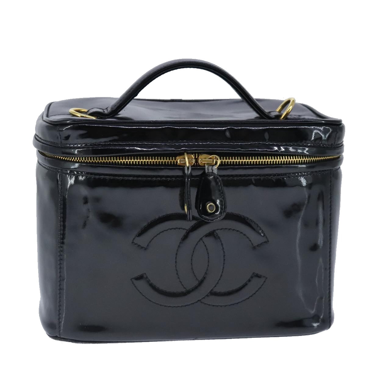 CHANEL Vanity Pouch Enamel Black Gold CC Auth bs20242