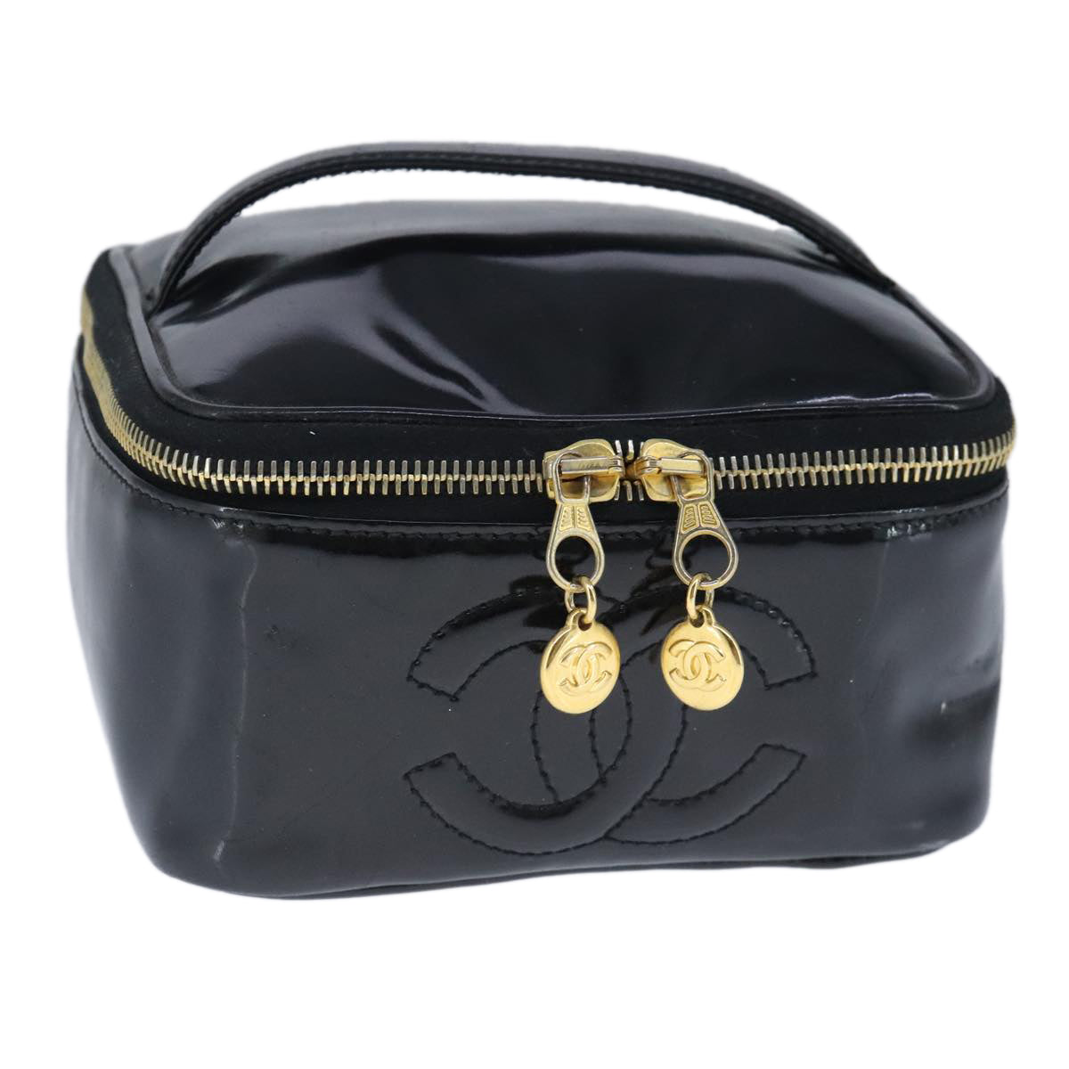 CHANEL Vanity Pouch Enamel Black Gold CC Auth bs20243