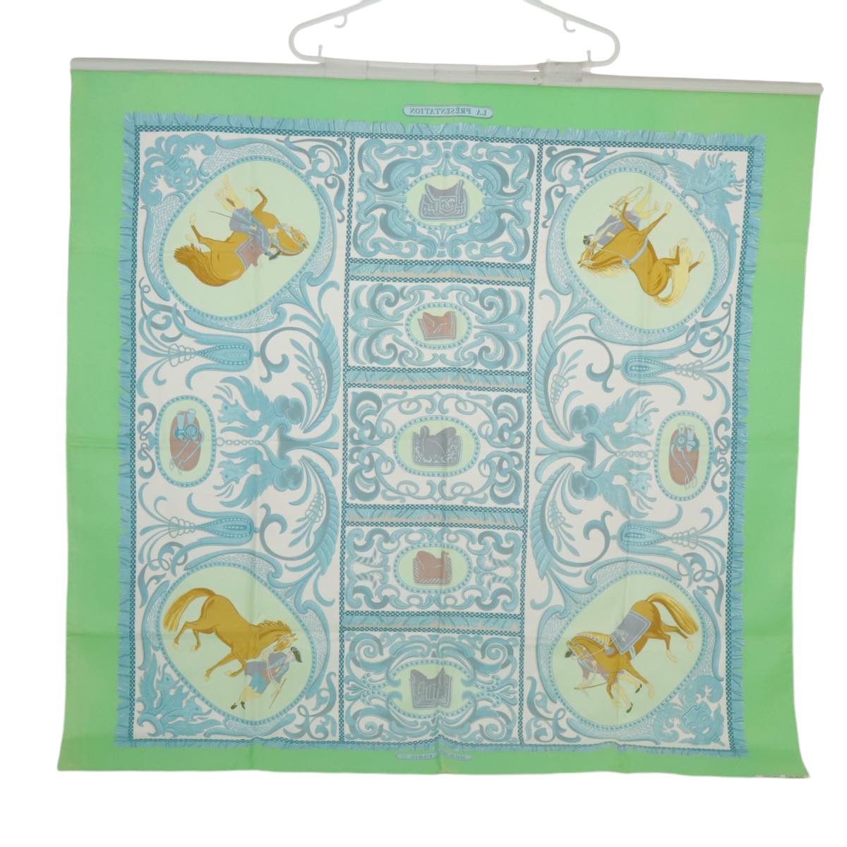 HERMES Carre 90 Scarf ""LA PRESENTATION"" Silk Green Light Blue Auth bs20295