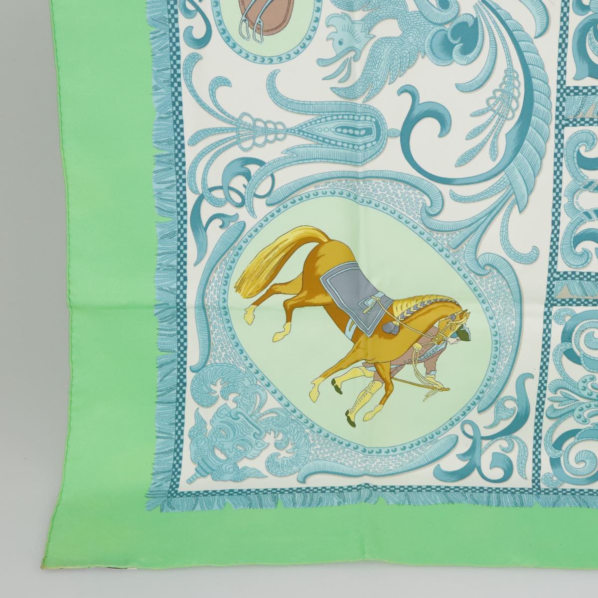 HERMES Carre 90 Scarf ""LA PRESENTATION"" Silk Green Light Blue Auth bs20295