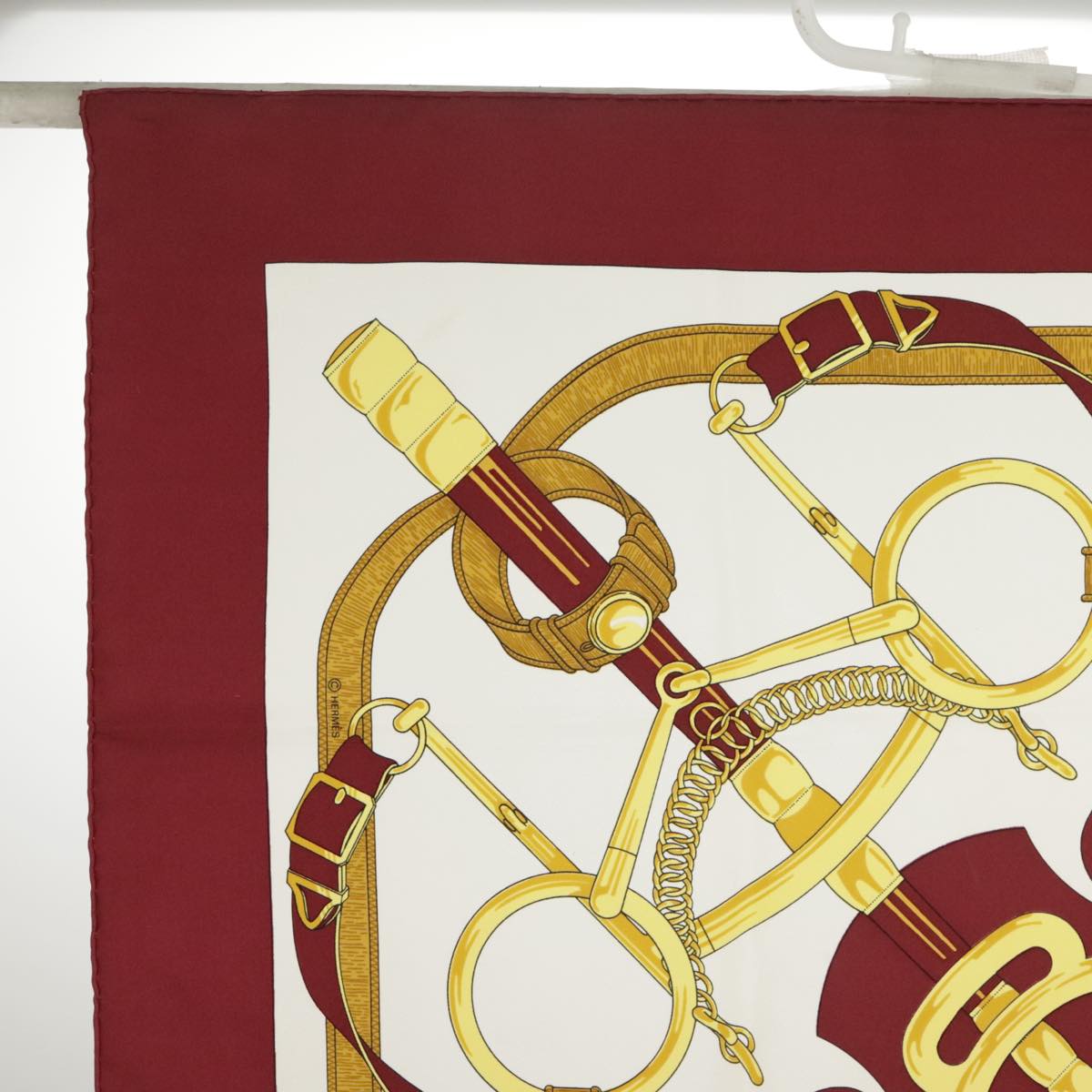 HERMES Carre 90 Scarf ""Eperon d'Or Cut N"" Silk Bordeaux White Auth bs20296