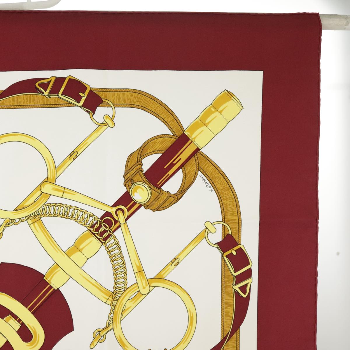 HERMES Carre 90 Scarf ""Eperon d'Or Cut N"" Silk Bordeaux White Auth bs20296