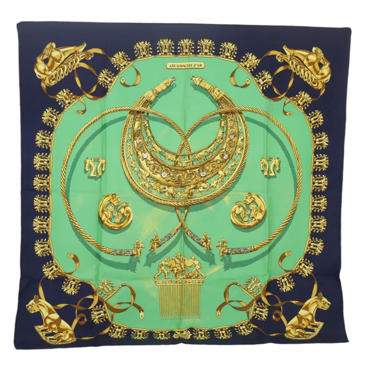 HERMES Carre 90 Scarf ""LES CAVALIERS D'OR"" Silk Navy Green Auth bs20297