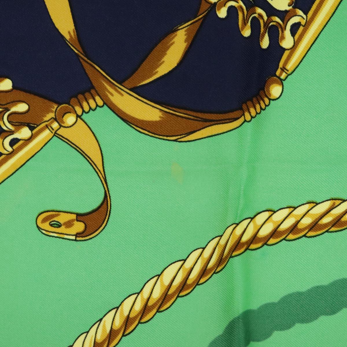 HERMES Carre 90 Scarf ""LES CAVALIERS D'OR"" Silk Navy Green Auth bs20297