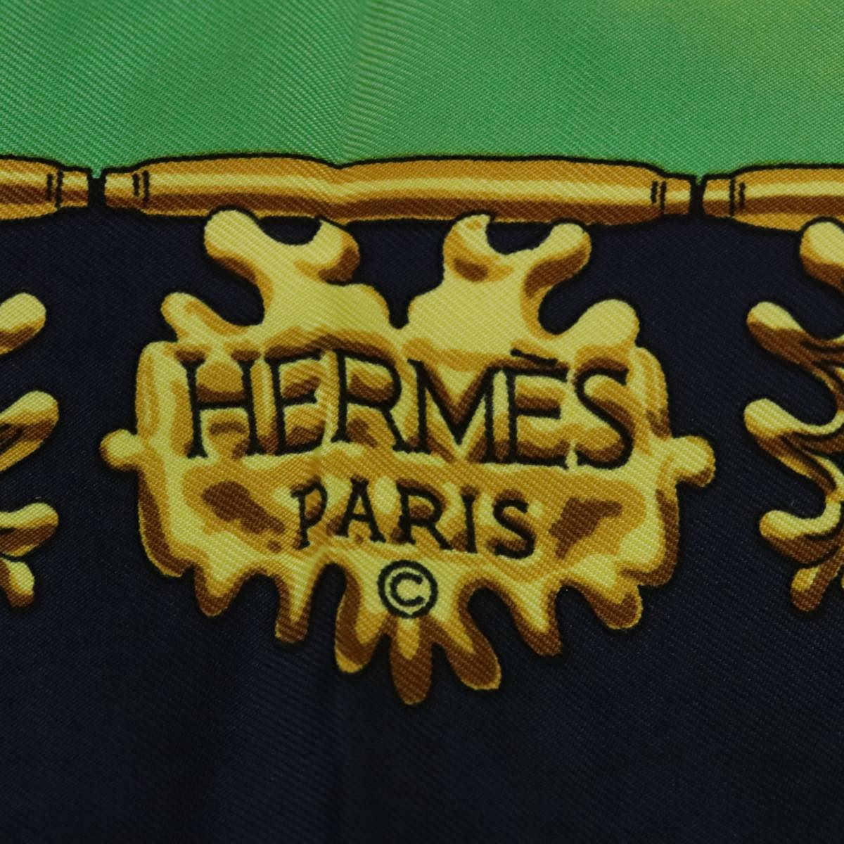 HERMES Carre 90 Scarf ""LES CAVALIERS D'OR"" Silk Navy Green Auth bs20297