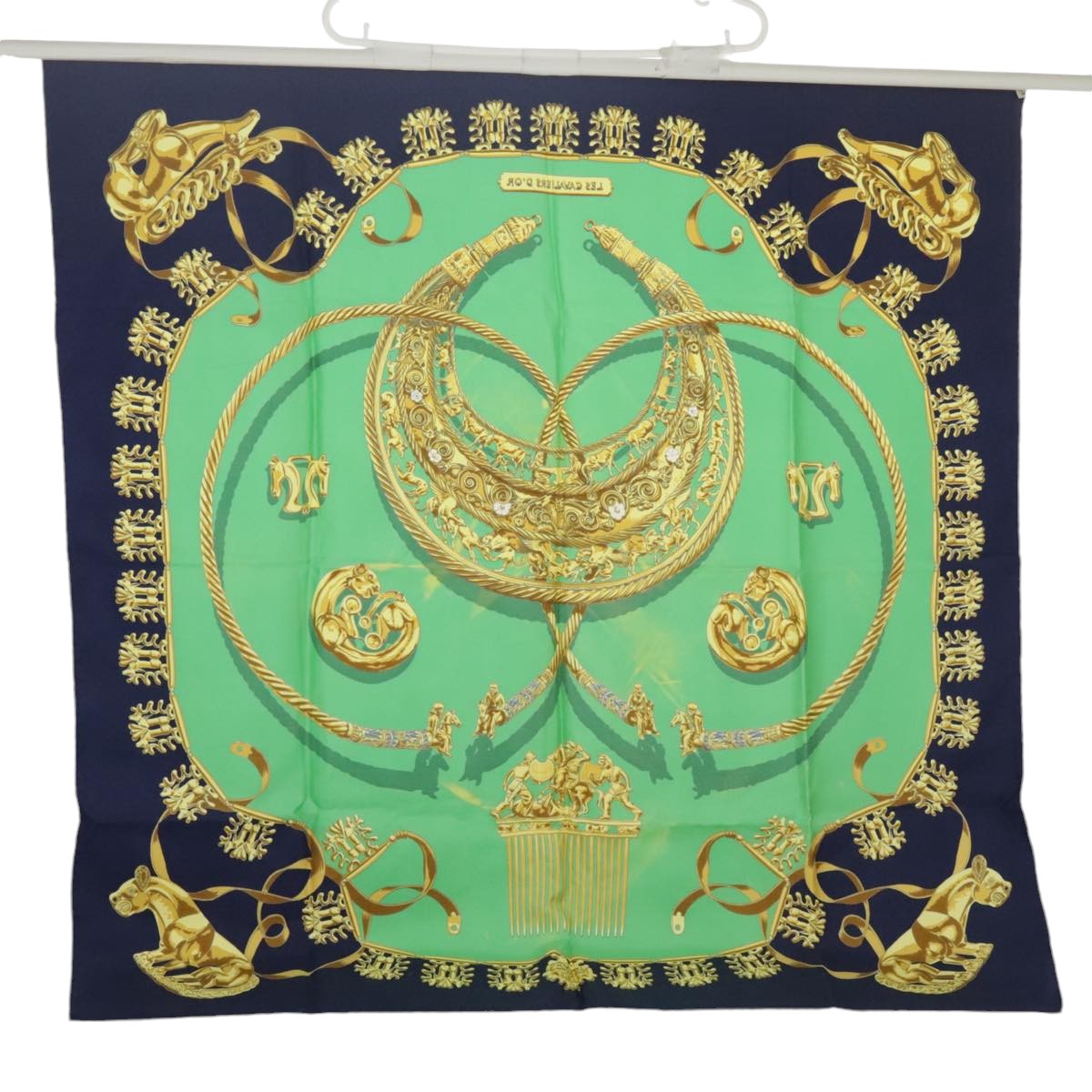 HERMES Carre 90 Scarf ""LES CAVALIERS D'OR"" Silk Navy Green Auth bs20297