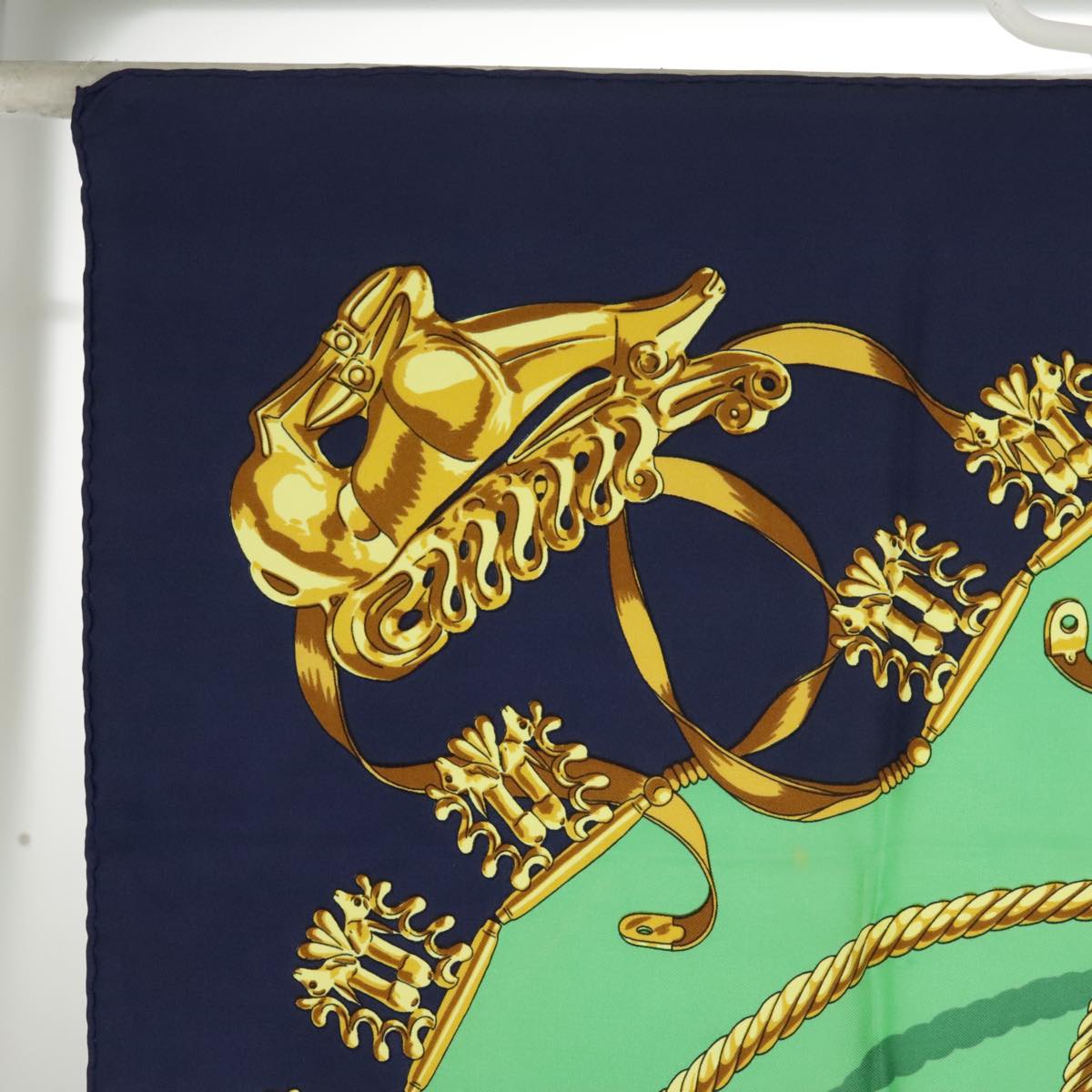 HERMES Carre 90 Scarf ""LES CAVALIERS D'OR"" Silk Navy Green Auth bs20297