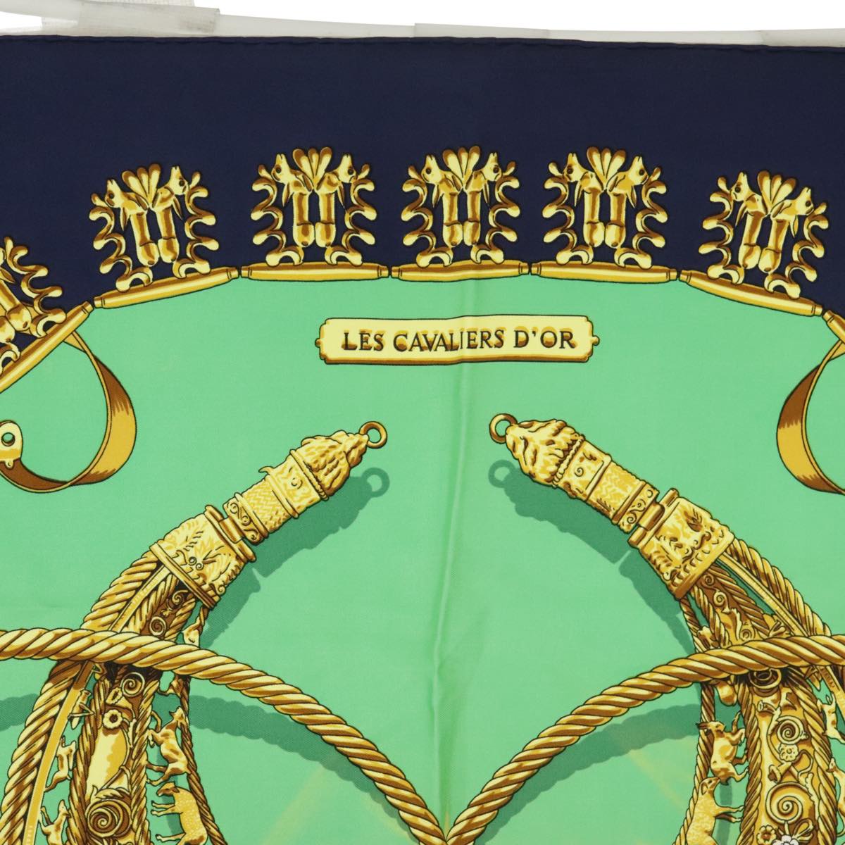 HERMES Carre 90 Scarf ""LES CAVALIERS D'OR"" Silk Navy Green Auth bs20297