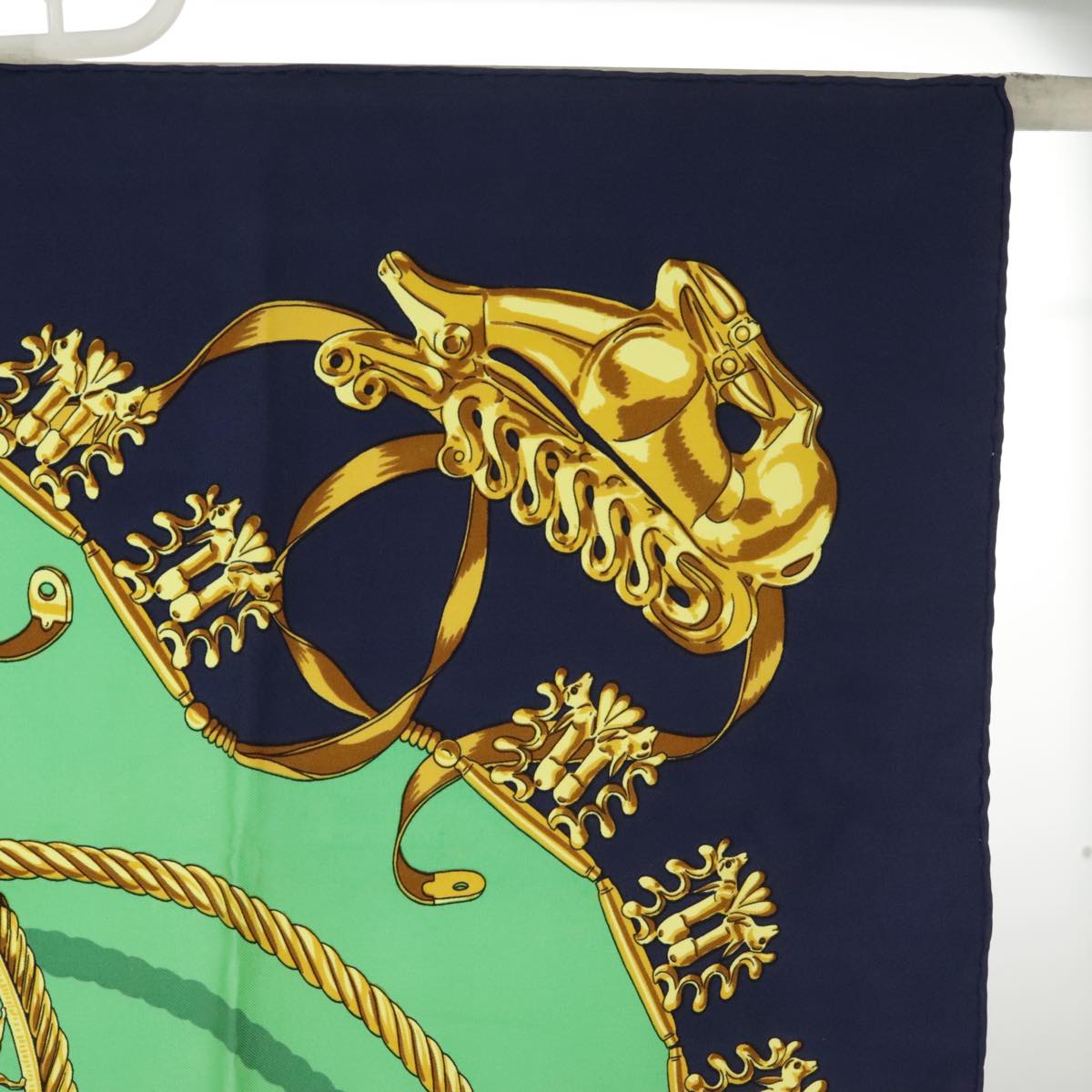 HERMES Carre 90 Scarf ""LES CAVALIERS D'OR"" Silk Navy Green Auth bs20297