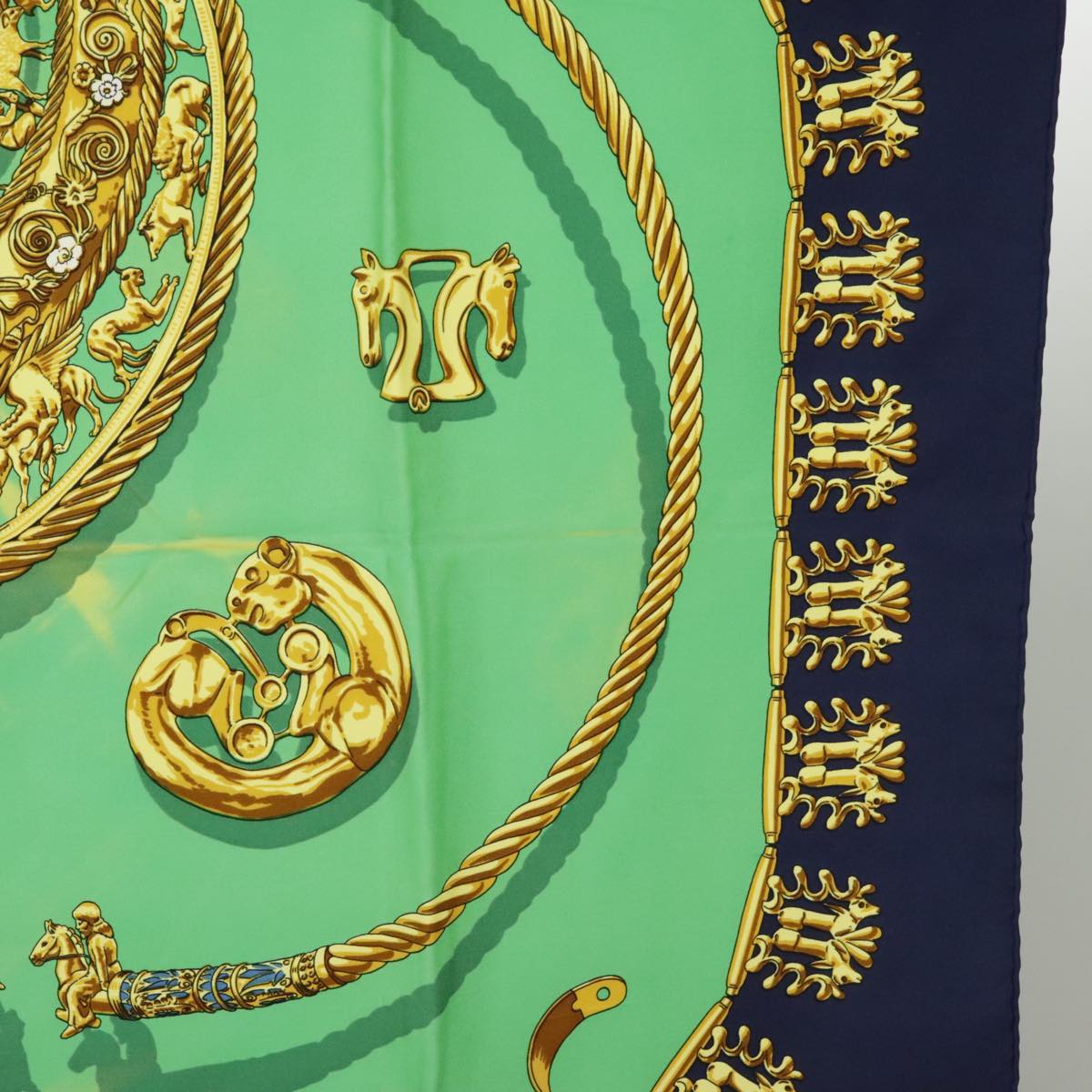 HERMES Carre 90 Scarf ""LES CAVALIERS D'OR"" Silk Navy Green Auth bs20297