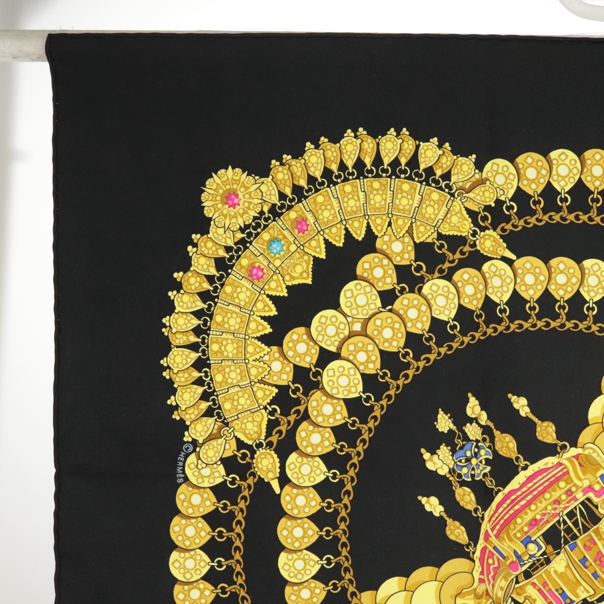 HERMES Carre 90 Scarf ""KOSMIMA"" Silk Black Yellow Auth bs20299