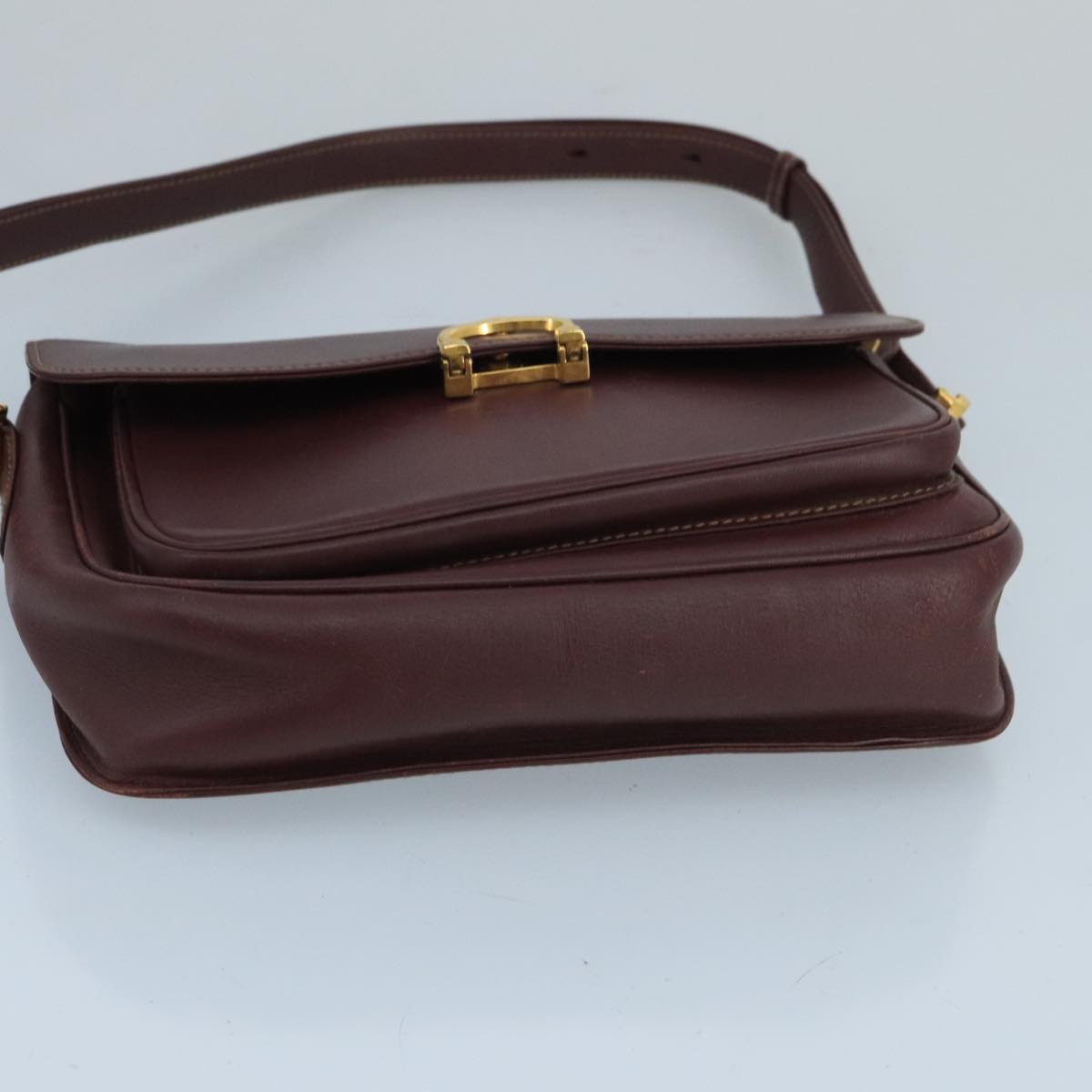 CARTIER Shoulder Bag Leather Bordeaux Gold Auth bs20330