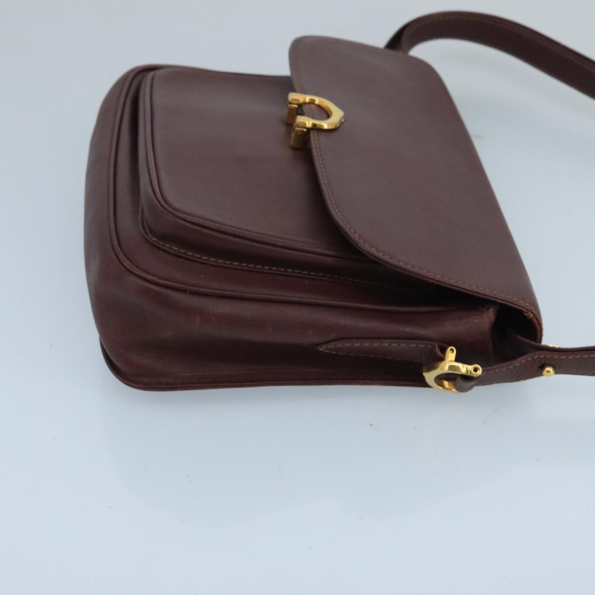 CARTIER Shoulder Bag Leather Bordeaux Gold Auth bs20330