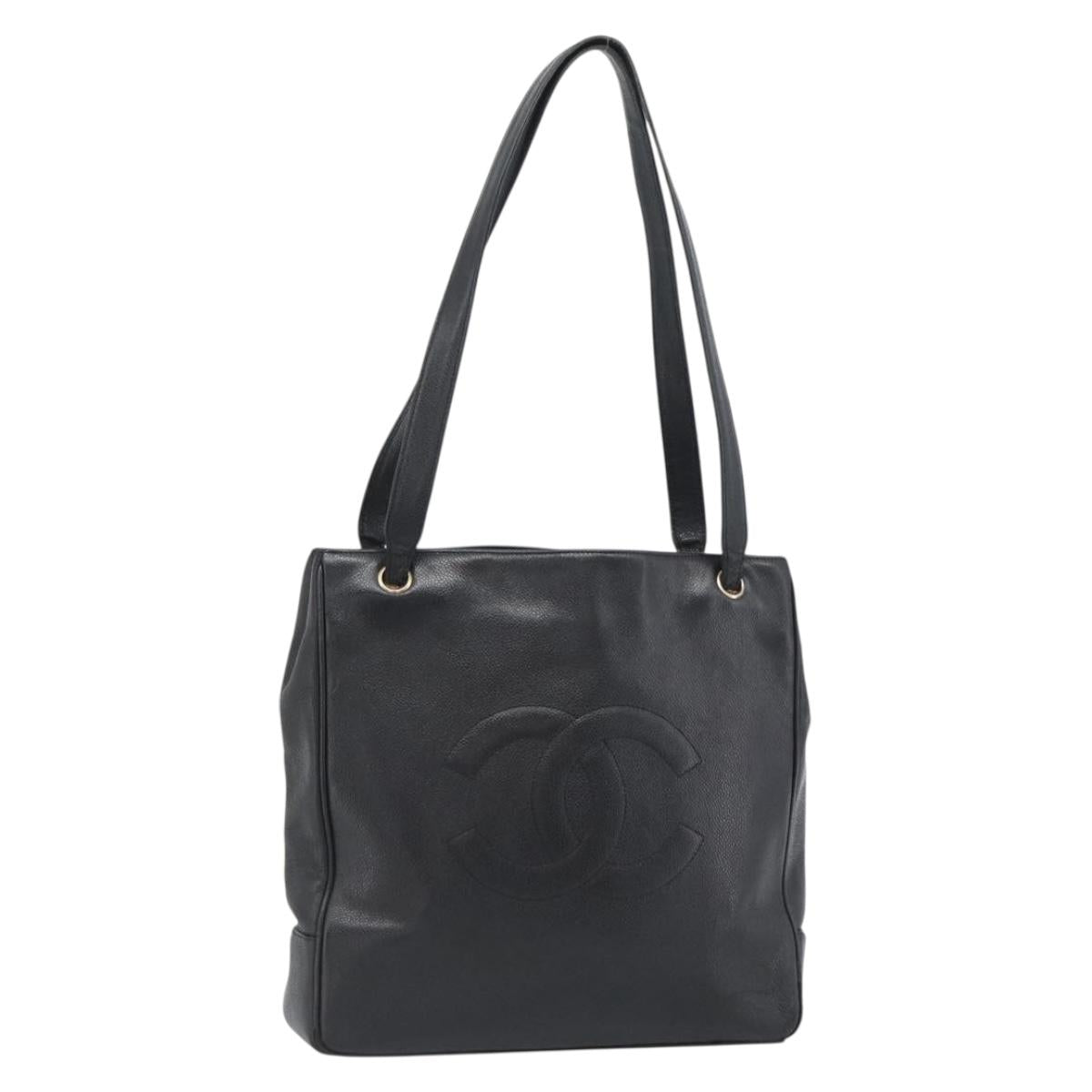 CHANEL COCO Mark Tote Bag Caviar Skin Black Gold CC Auth bs20388