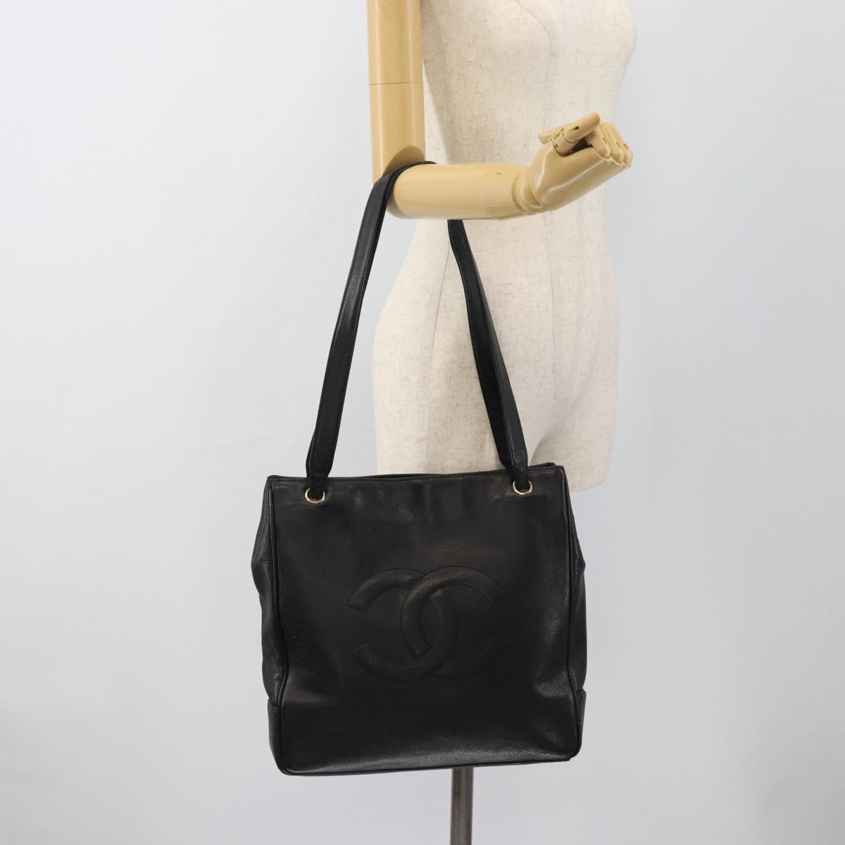 CHANEL COCO Mark Tote Bag Caviar Skin Black Gold CC Auth bs20388