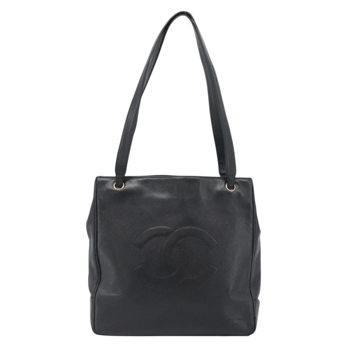 CHANEL COCO Mark Tote Bag Caviar Skin Black Gold CC Auth bs20388