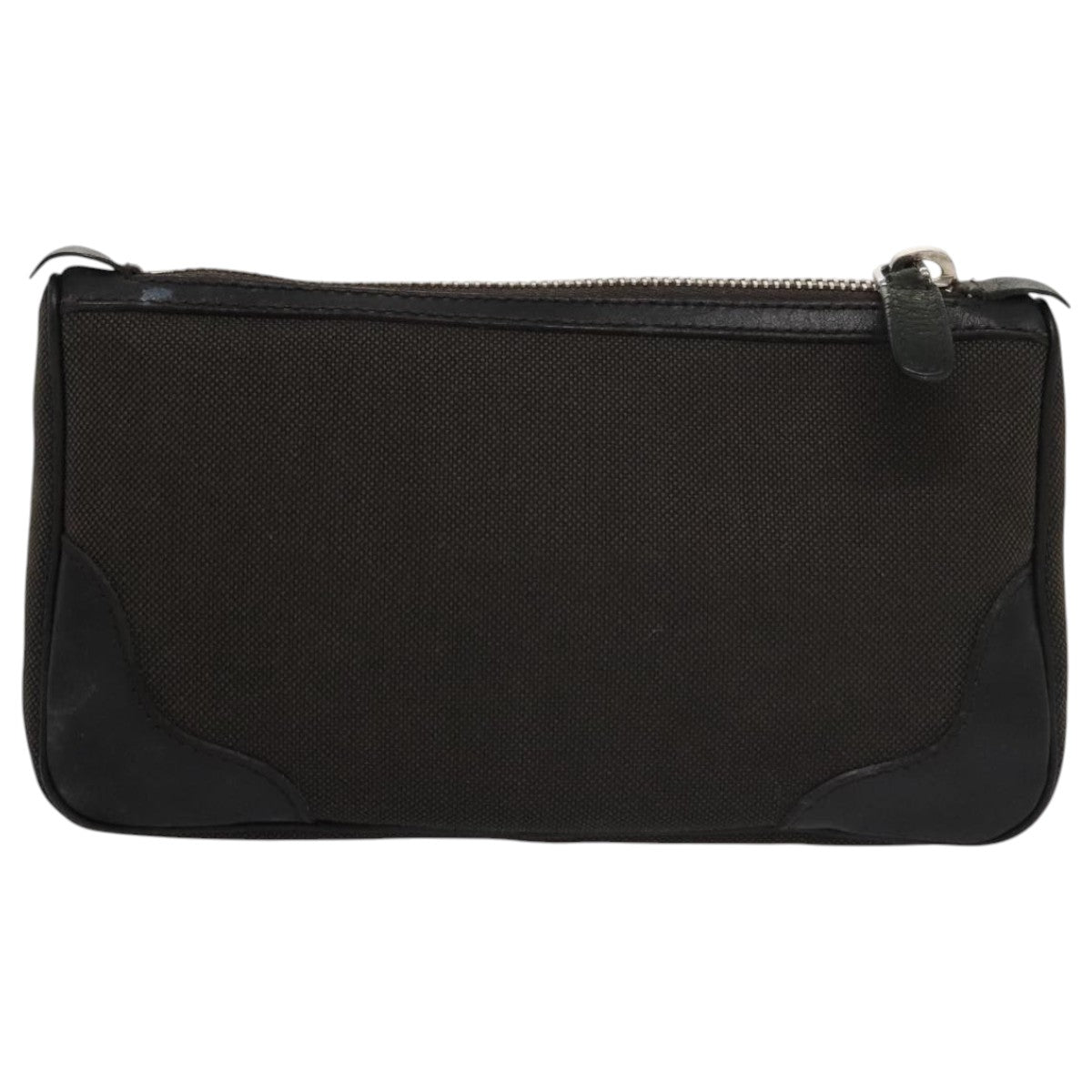 PRADA Pouch Canvas Leather Brown Silver Auth bs20555