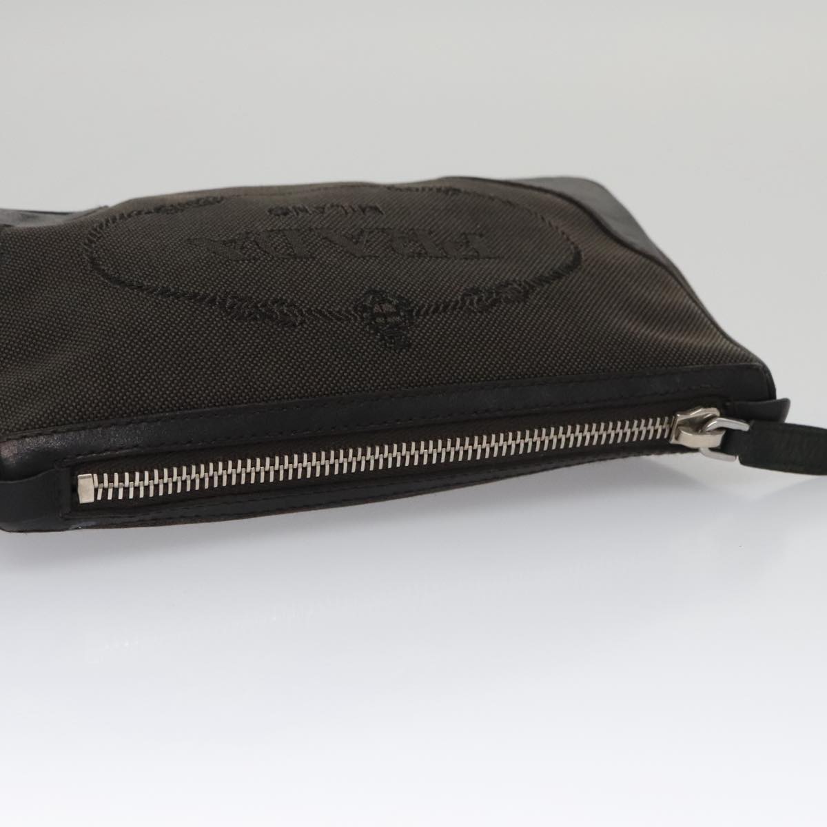 PRADA Pouch Canvas Leather Brown Silver Auth bs20555