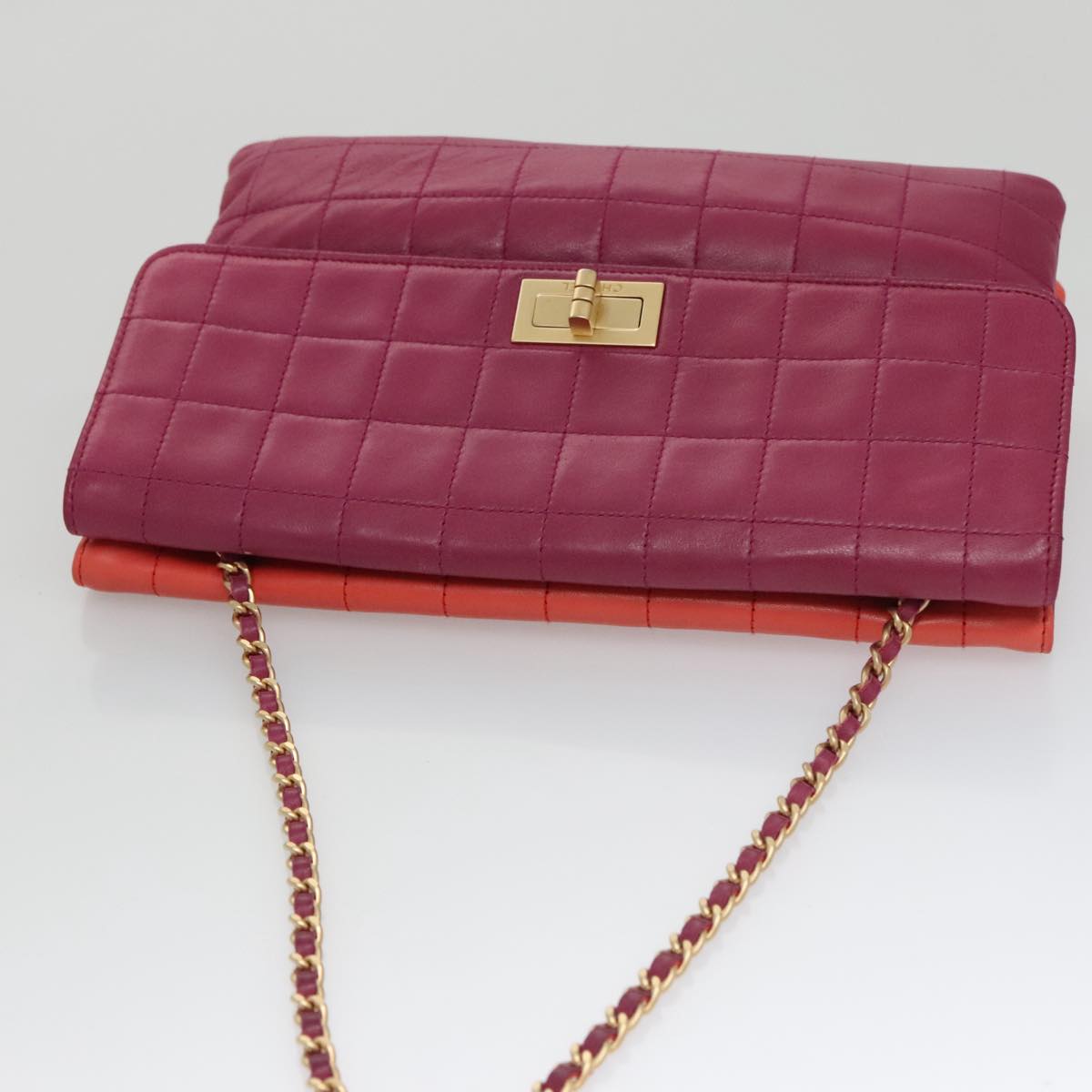 CHANEL Choco Bar Chain Hand Bag Lamb Skin Purple Pink CC Auth bs20703