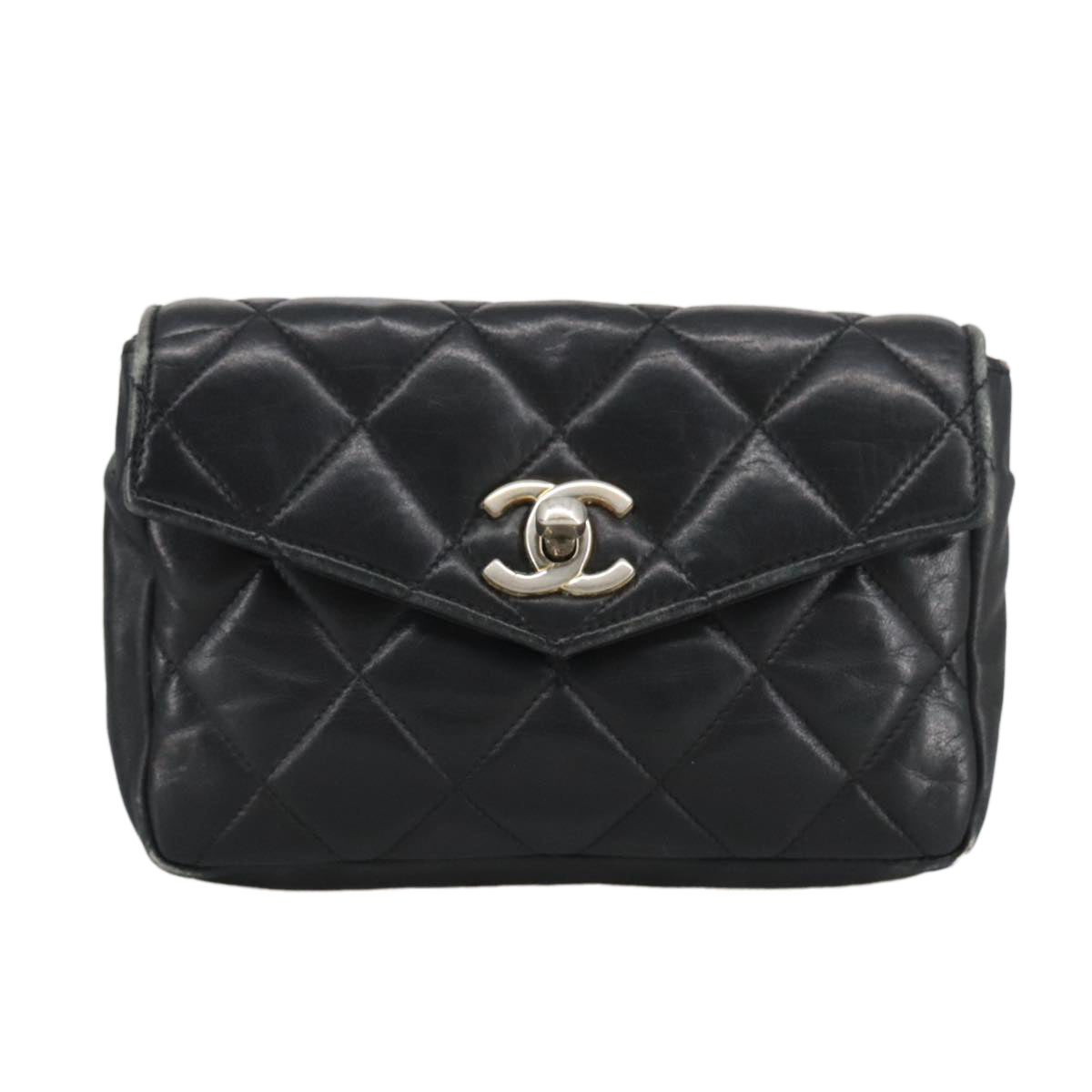 CHANEL Matelasse Chain Waist bag Lamb Skin Black Gold CC Auth bs20726