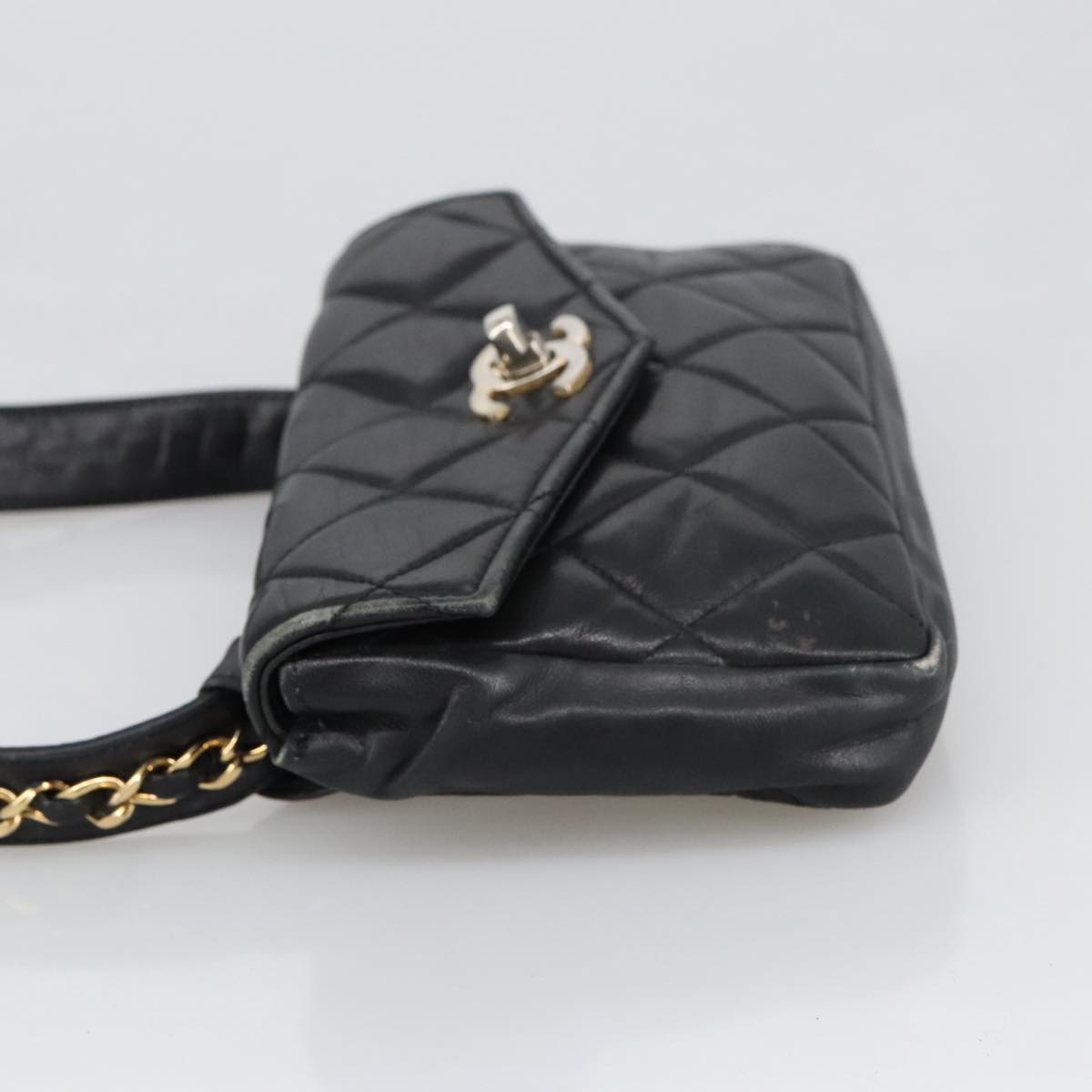 CHANEL Matelasse Chain Waist bag Lamb Skin Black Gold CC Auth bs20726
