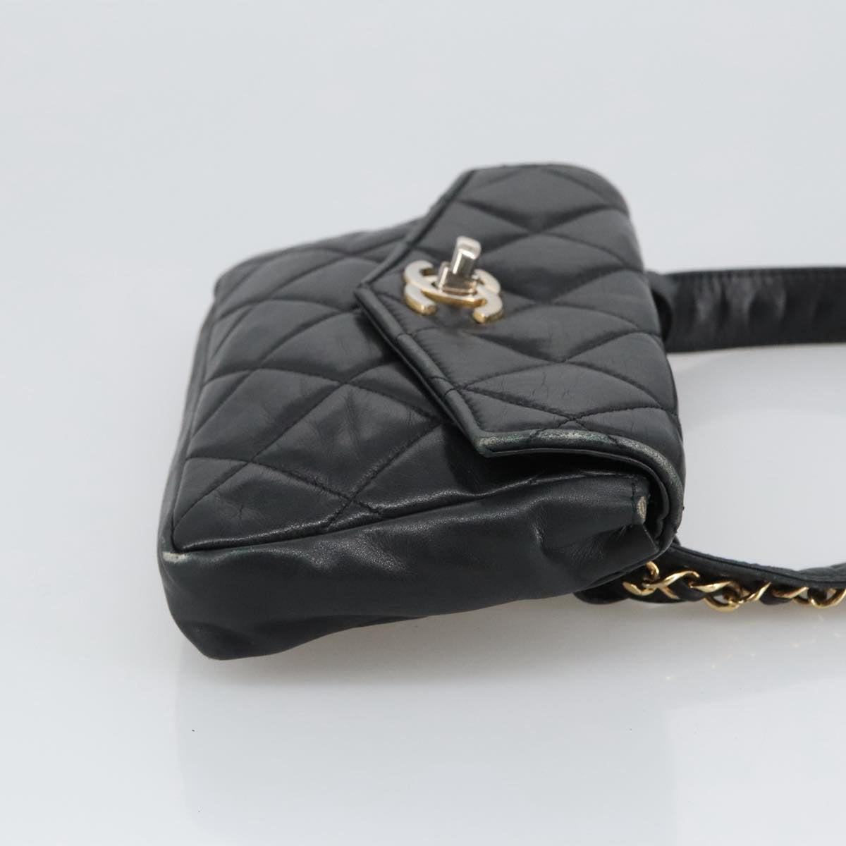 CHANEL Matelasse Chain Waist bag Lamb Skin Black Gold CC Auth bs20726