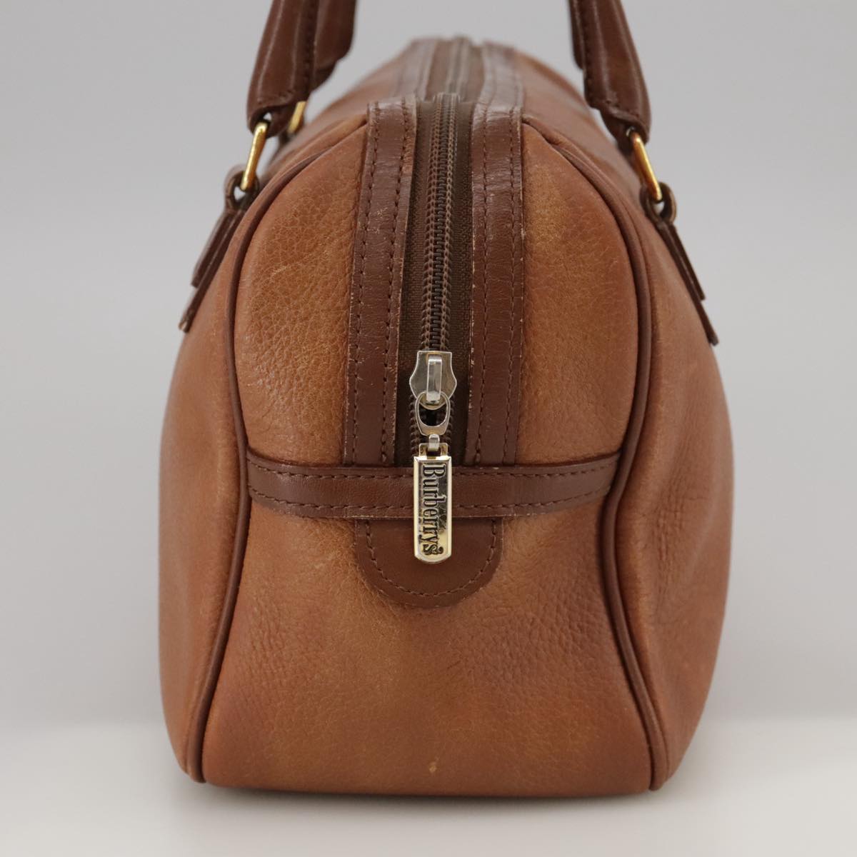 Burberrys Hand Bag Leather Brown Gold Auth bs20739