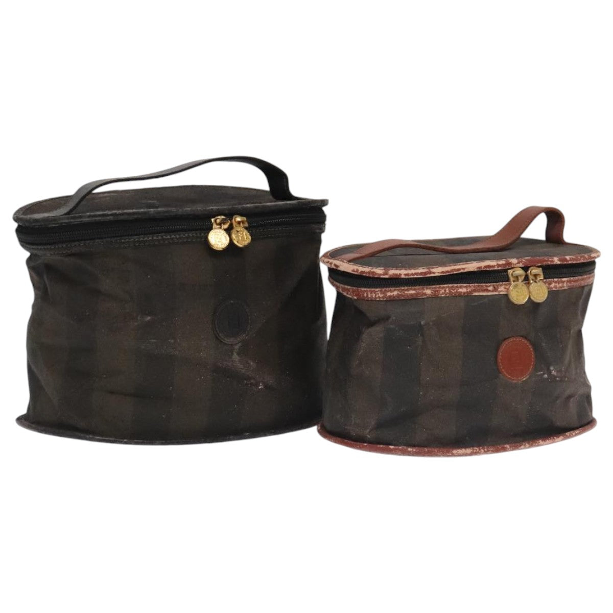 FENDI Pecan Canvas Vanity Pouch 2Set Black Brown Auth bs20764