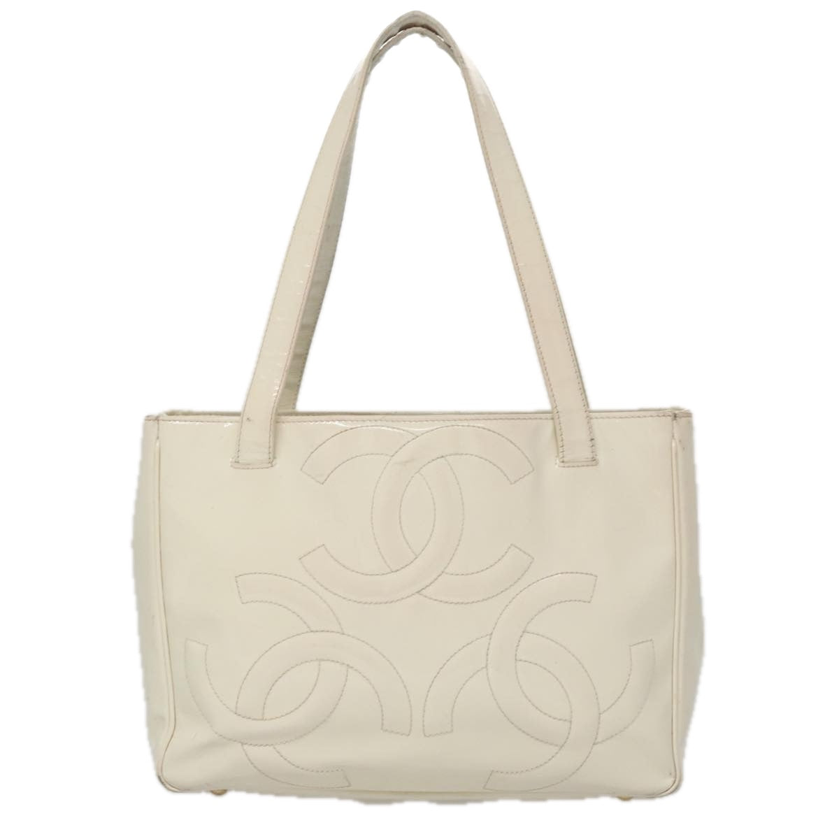 CHANEL Triple Coco Tote Bag Enamel White CC Auth bs20805