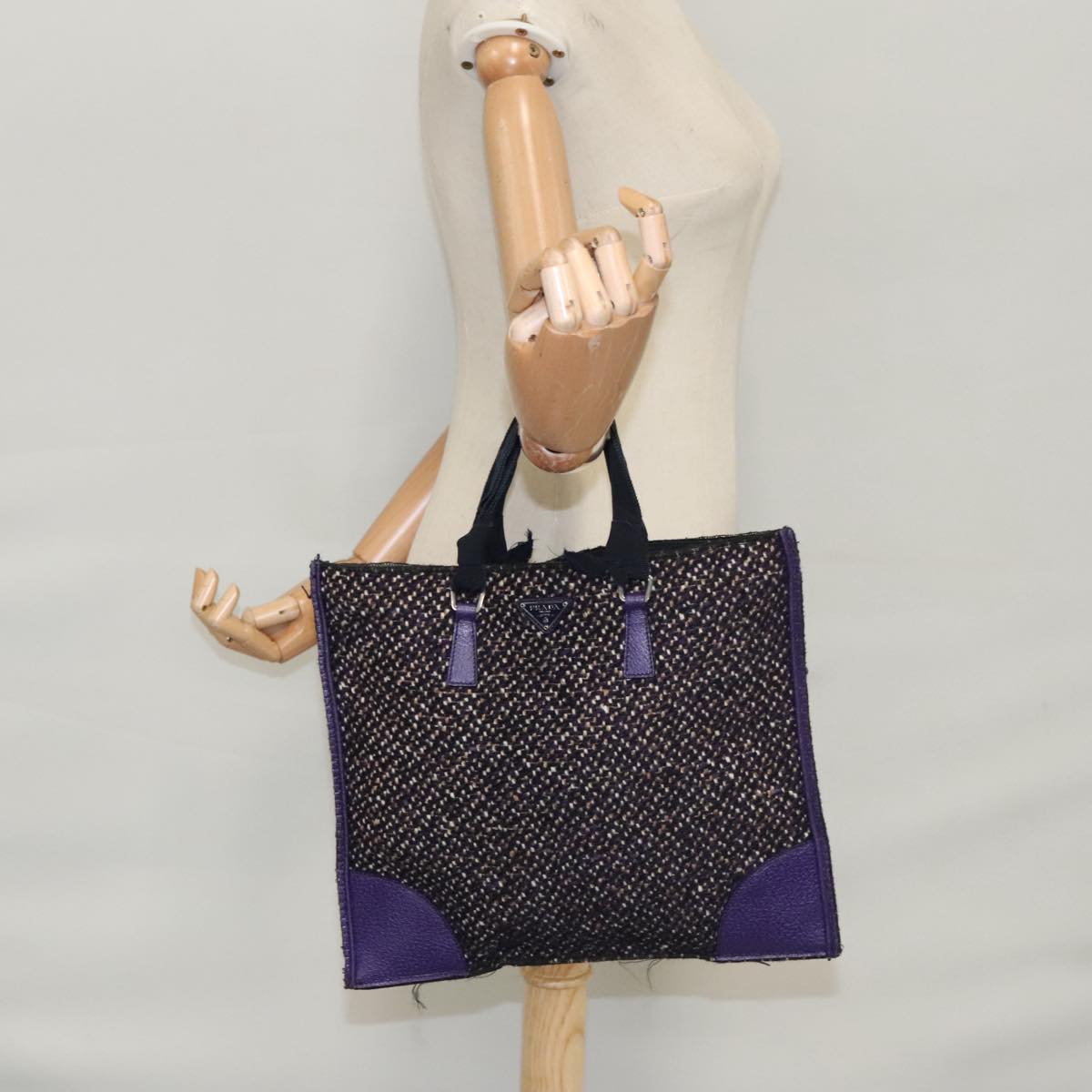 PRADA Hand Bag Wool Leather Purple Silver Auth bs20846A
