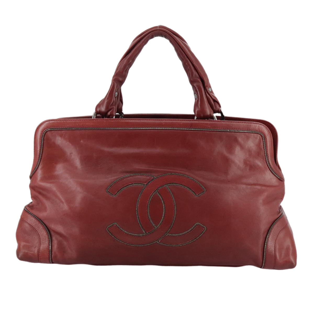 CHANEL COCO Mark Hand Bag Leather Red Silver CC Auth bs20904
