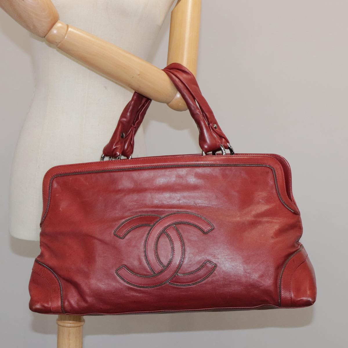 CHANEL COCO Mark Hand Bag Leather Red Silver CC Auth bs20904