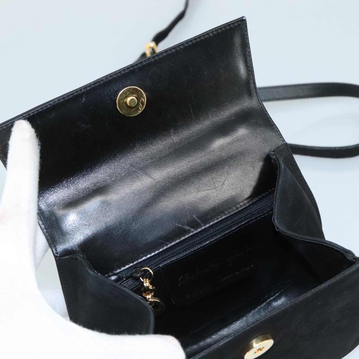 Salvatore Ferragamo Gancini Shoulder Bag Suede Black Gold Auth bs20936