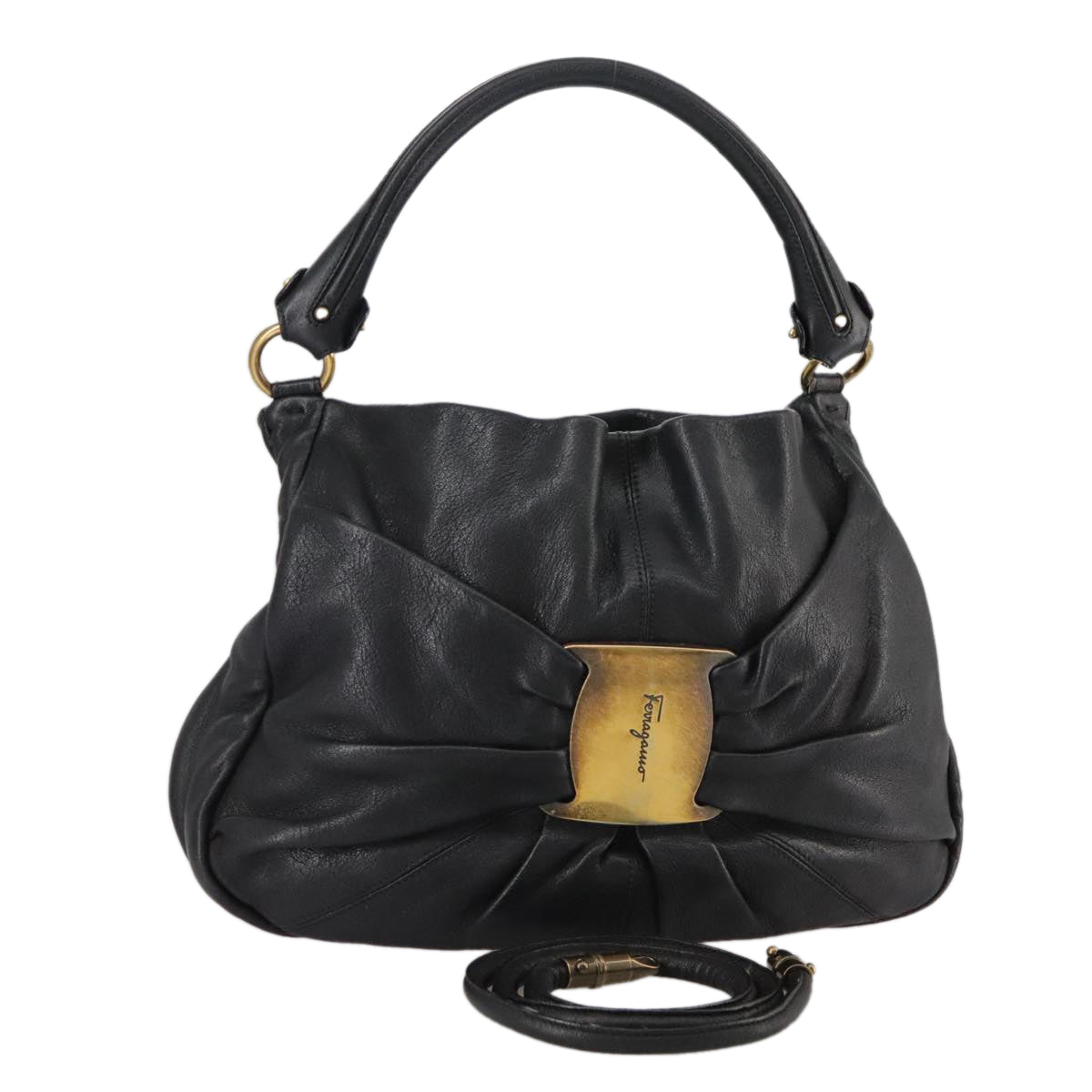 Salvatore Ferragamo Vala Hand Bag Leather 2way Black Gold Auth bs20937
