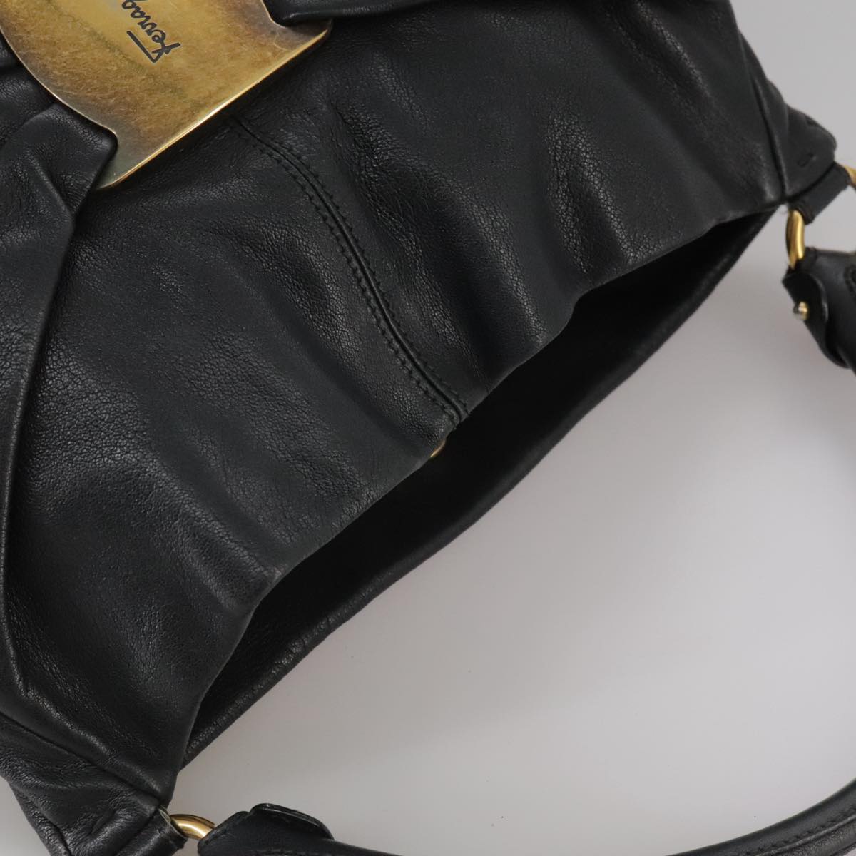 Salvatore Ferragamo Vala Hand Bag Leather 2way Black Gold Auth bs20937
