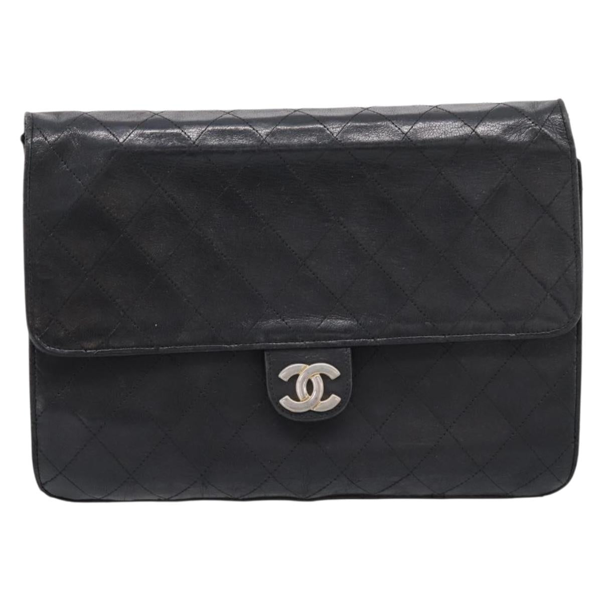 CHANEL Matelasse Chain Shoulder Bag Lamb Skin Black CC Auth bs20976