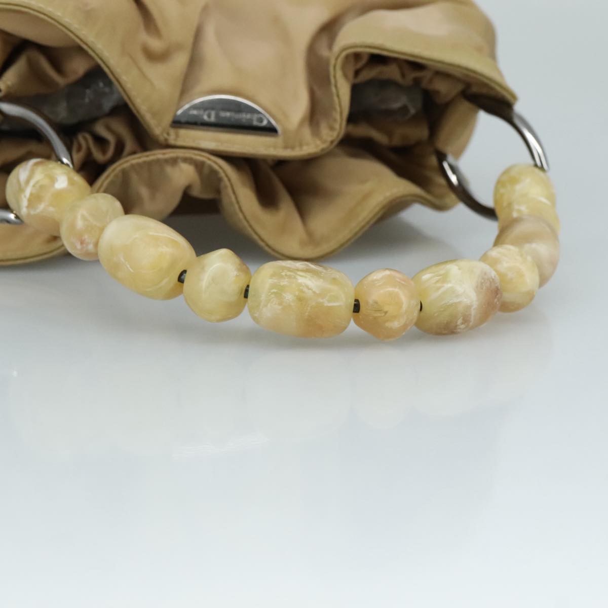 Christian Dior Maris Pearl Hand Bag Nylon Beige Silver Auth bs21021